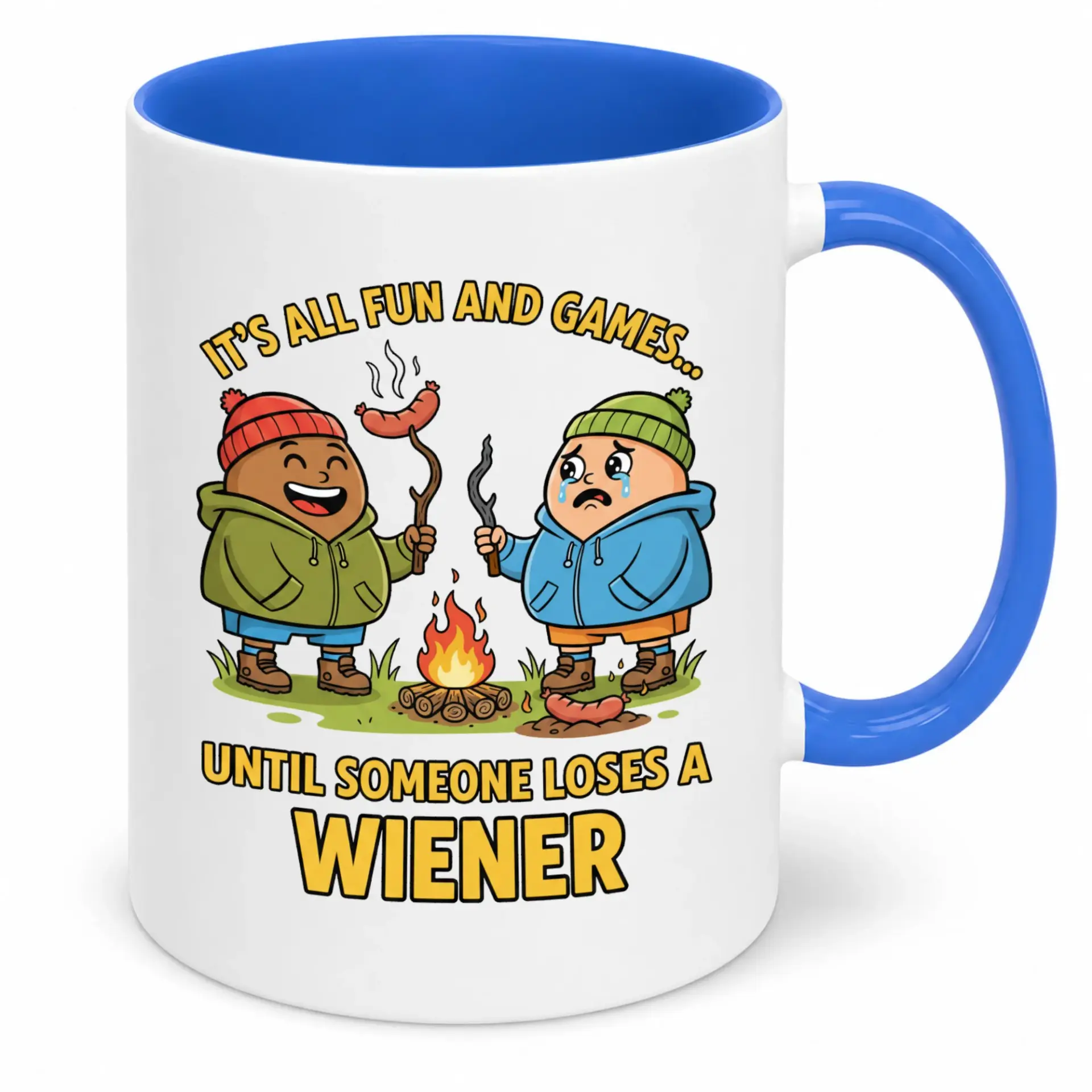 Funny Camping Coffee Mug with Roasting Sausage Humor Design, Adult Gag Gift Ceramic Beverage Cup for Campers and Outdoor Enthusiasts