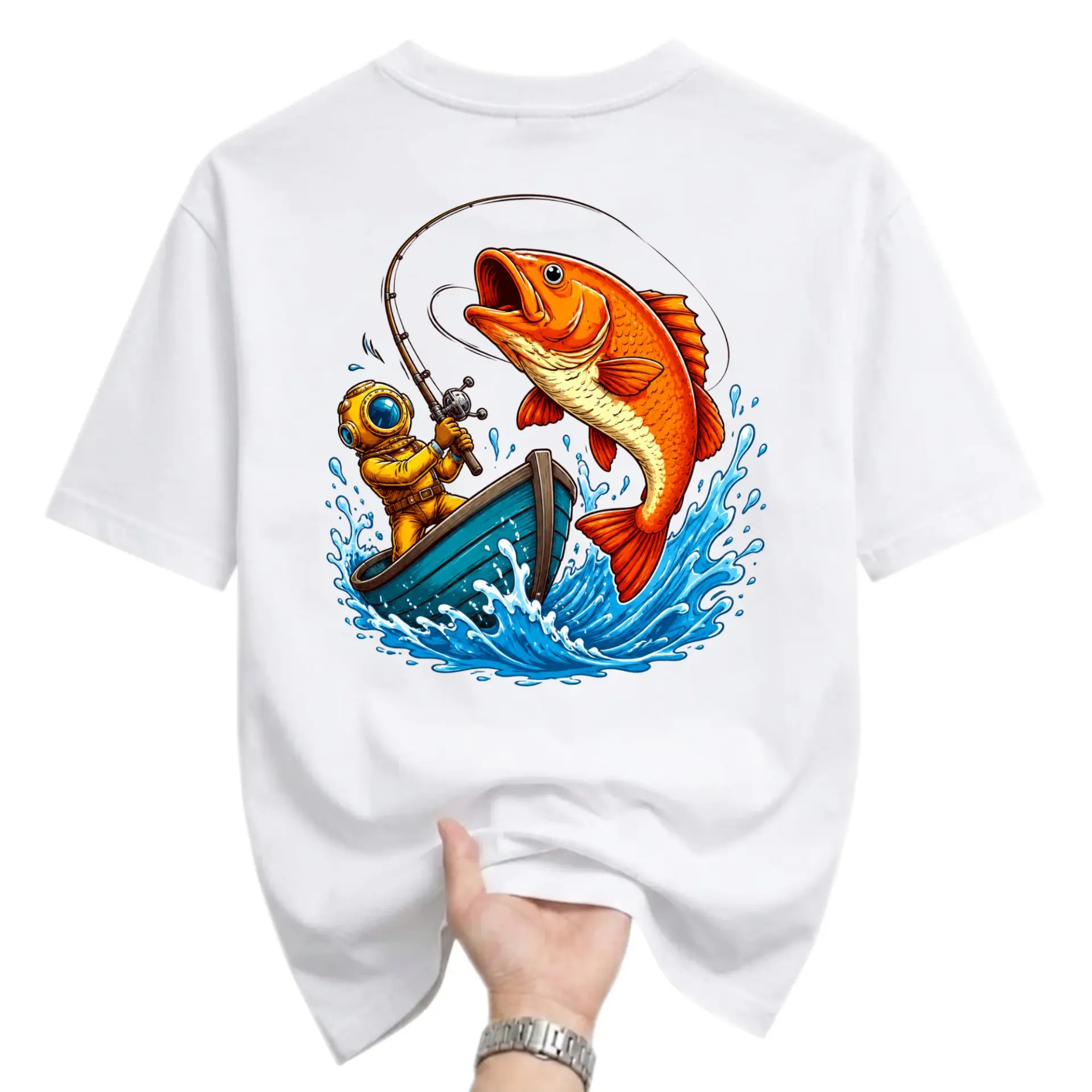 Graphic Tee Unisex Crew Neck T-Shirt Featuring Deep Sea Diver Fishing for