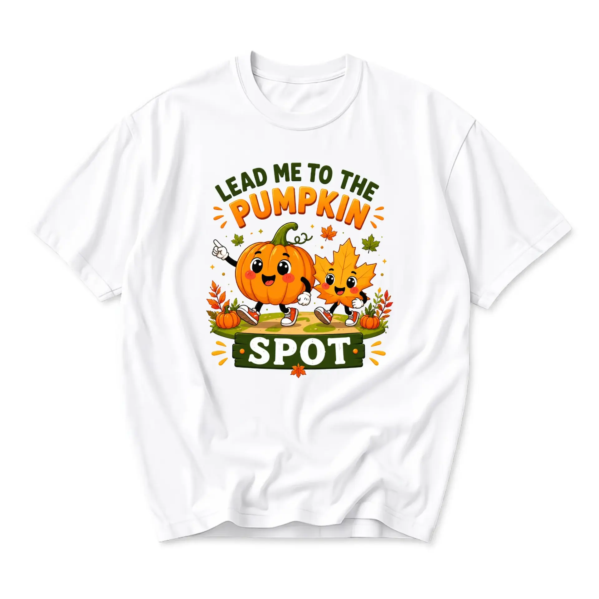 Graphic Tee Lead Me to the Pumpkin Spot Funny Autumn Fall Seasonal Short Sleeve Unisex Crew Neck Cotton T-Shirt