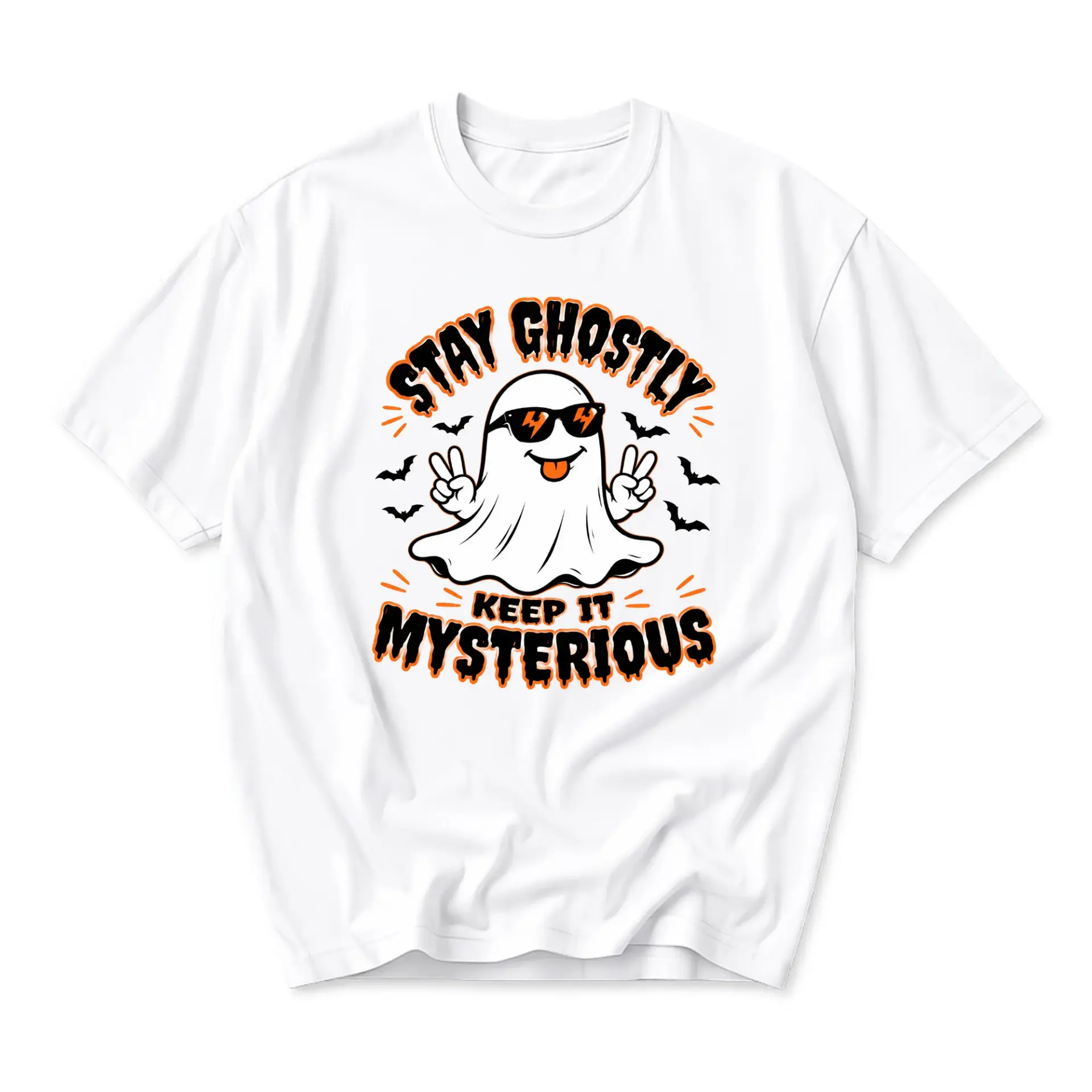 Funny Shirt Stay Ghostly Keep It Mysterious Graphic Tee Unisex Casual Crew Neck Halloween Spooky Season Apparel