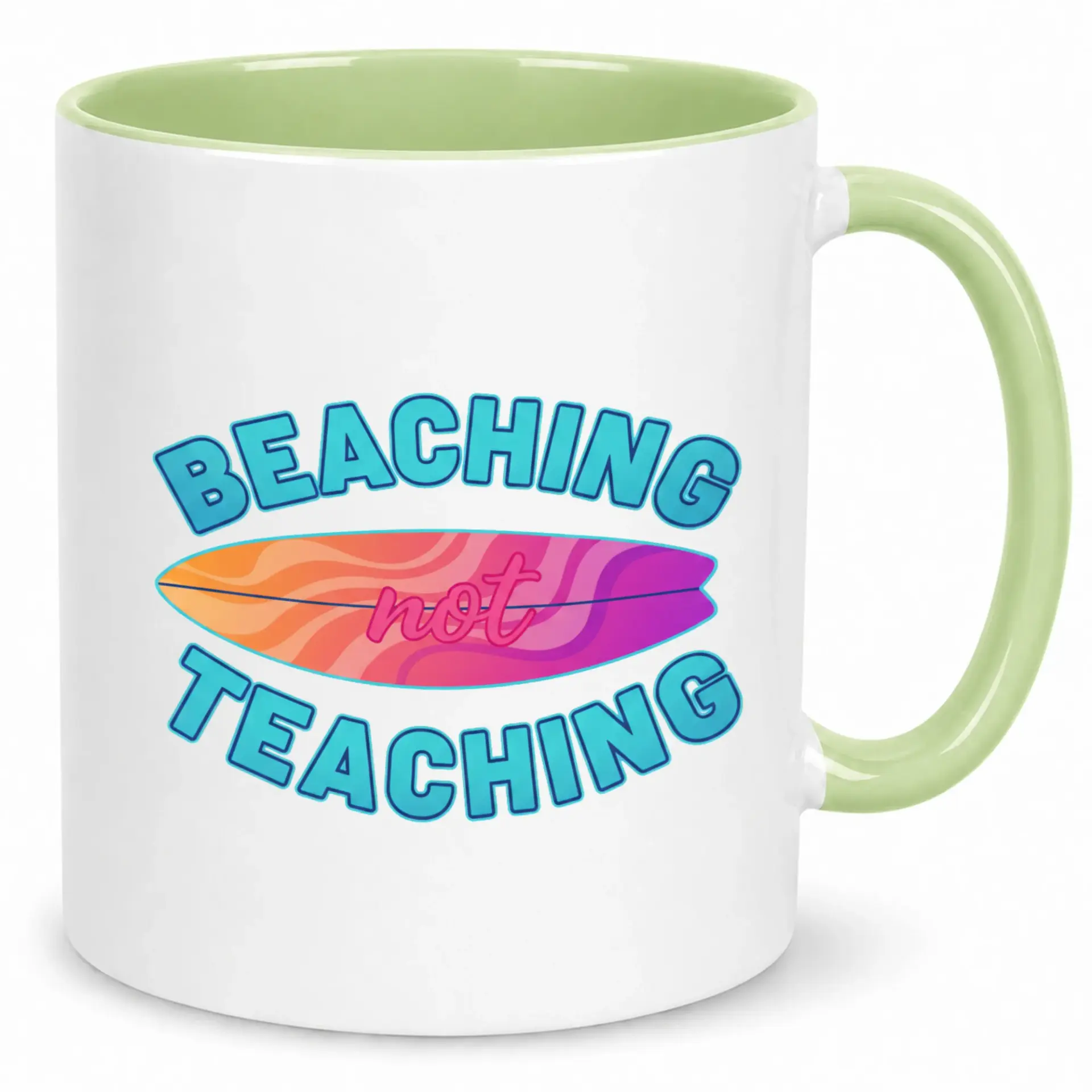 Funny Teacher Coffee Mug, Beaching Not Teaching Surfboard Design Ceramic Tea Cup, Summer Vacation Gift for Educators