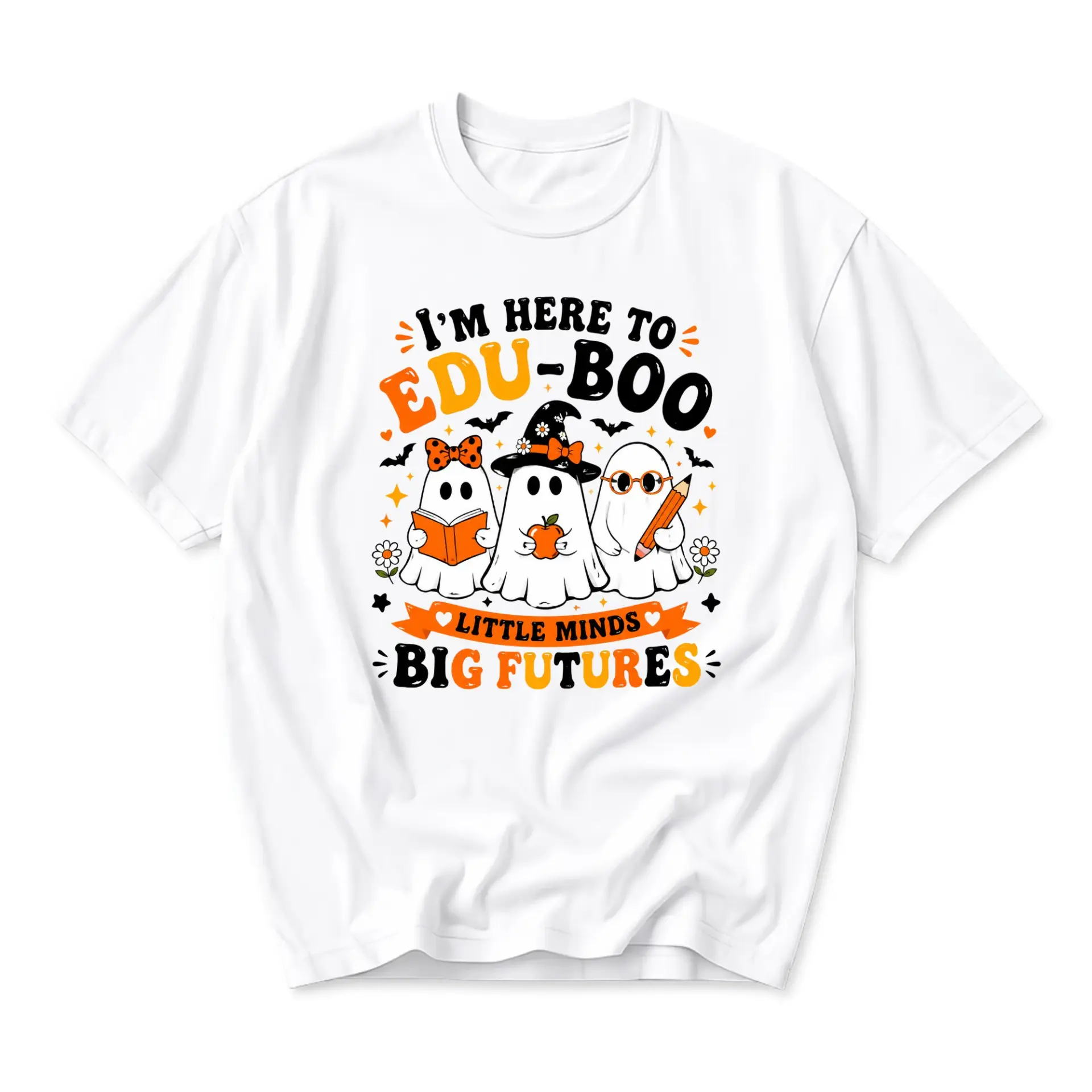 Funny Shirt Edu-Boo Little Minds Big Futures Graphic Tee Cute Spooky Ghost Design Unisex Casual Short Sleeve Crew Neck