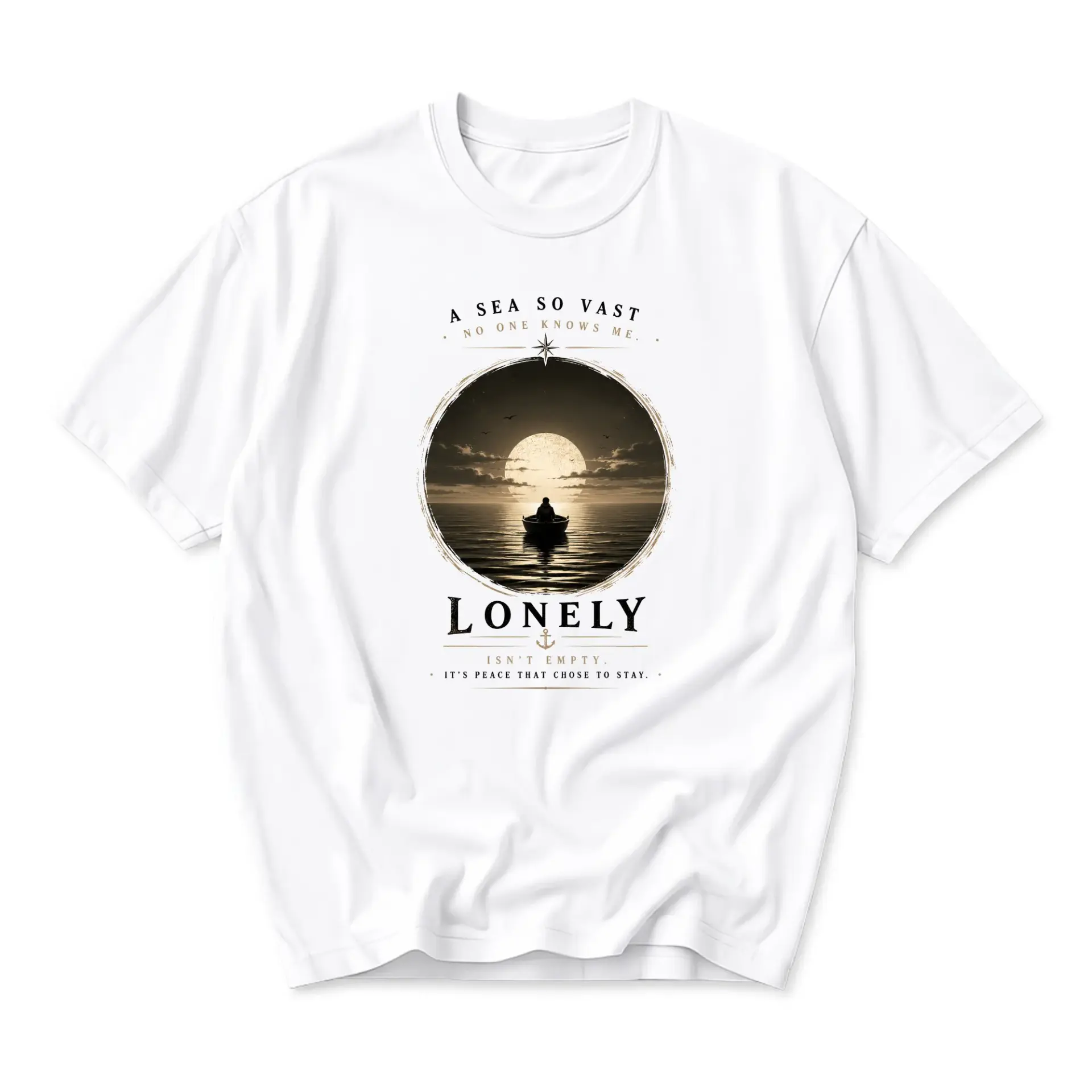 Graphic Tee Unisex Crew Neck T-Shirt Featuring Nautical Moonlit Ocean Illustration with Motivational Quote Typography