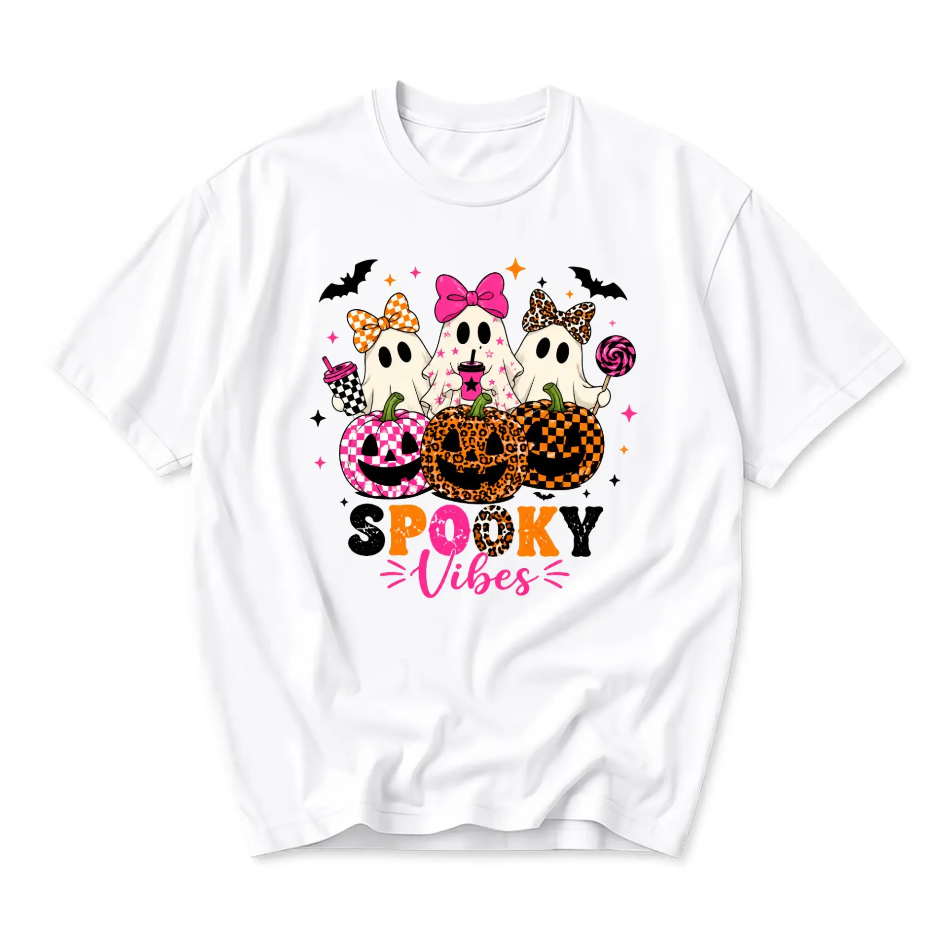 Spooky Vibes Graphic Tee Unisex Cotton Blend Casual Crew Neck Halloween Shirt Featuring Cute Ghosts and Patterned Pumpkins