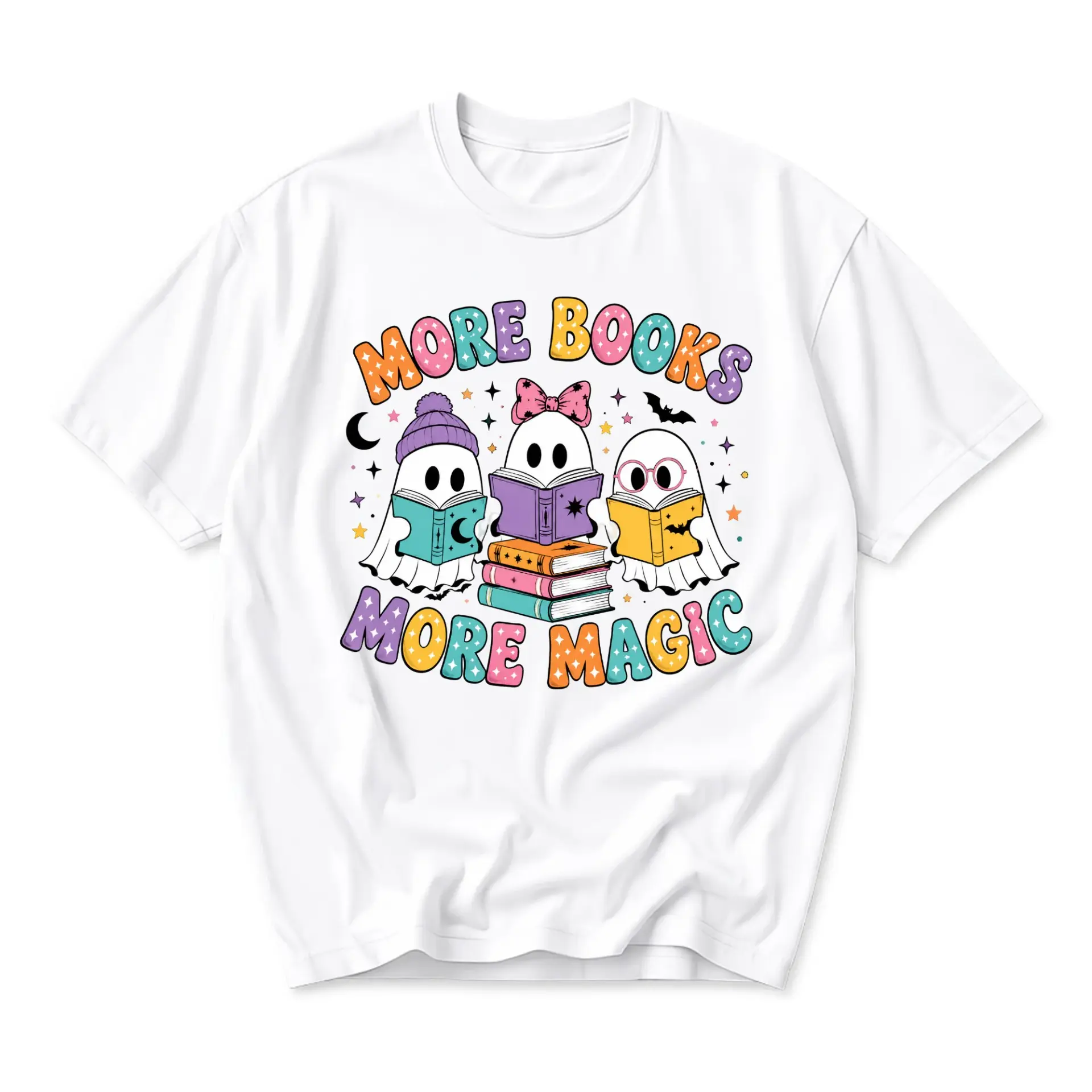 Graphic Tee More Books More Magic Cute Ghost Reading Book Lover Unisex Crew Neck Cotton Blend Short Sleeve Shirt