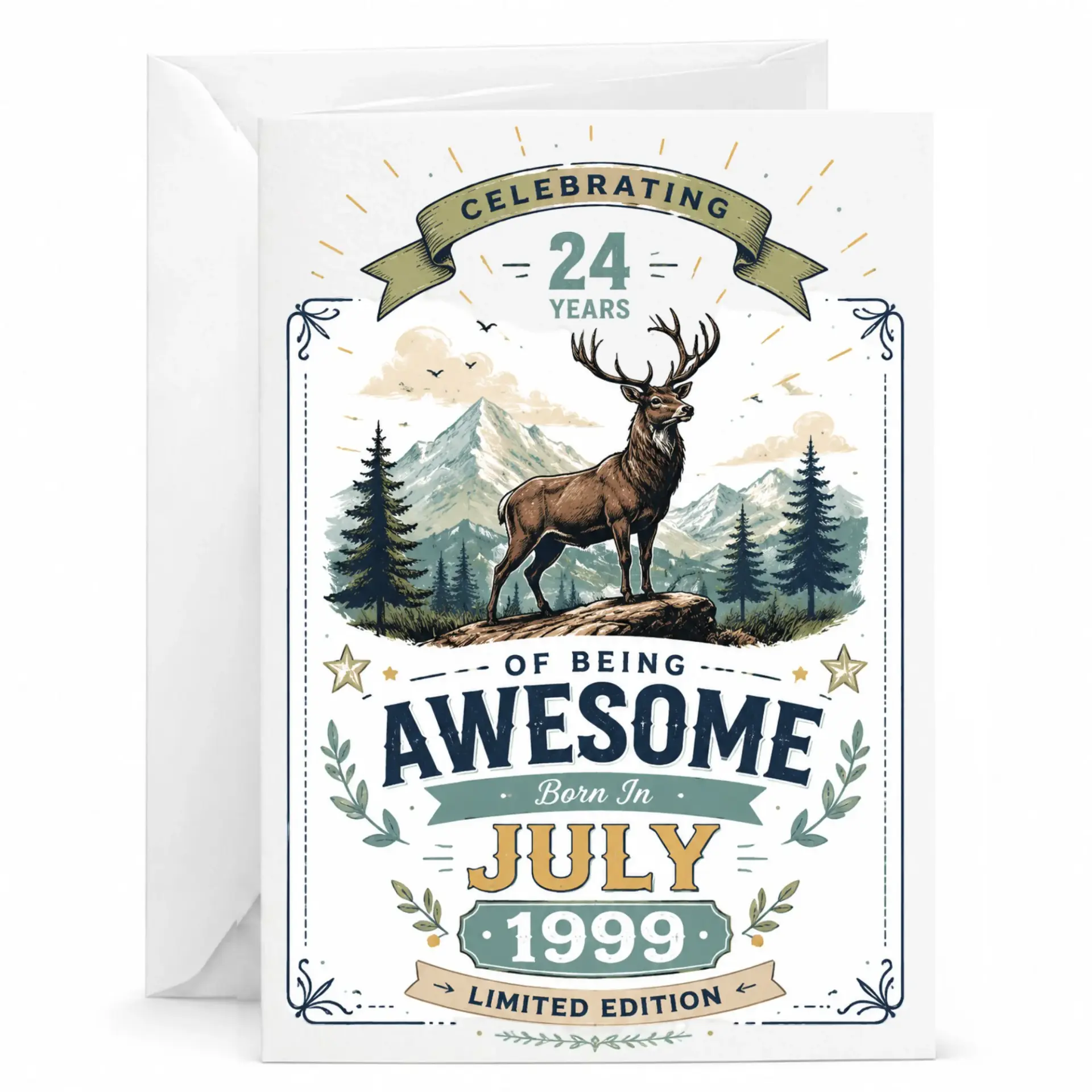 Greeting Card for 24th Birthday Vintage Deer Mountain Design July 1999 Limited Edition Stationery for Milestone