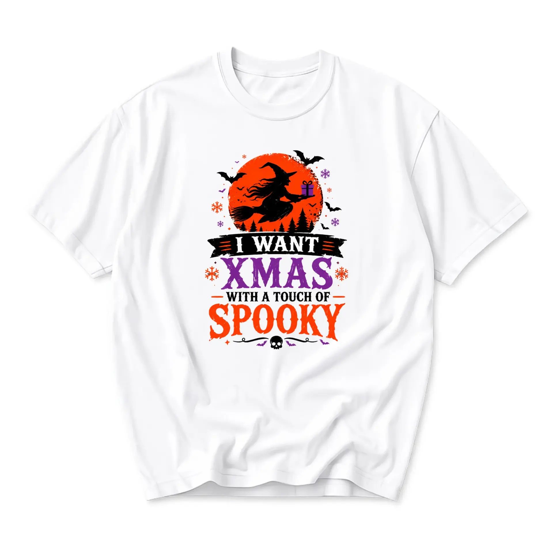 Funny Shirt I Want Xmas with a Touch of Spooky Graphic Tee Unisex Crew Neck Holiday and Halloween Seasonal Top
