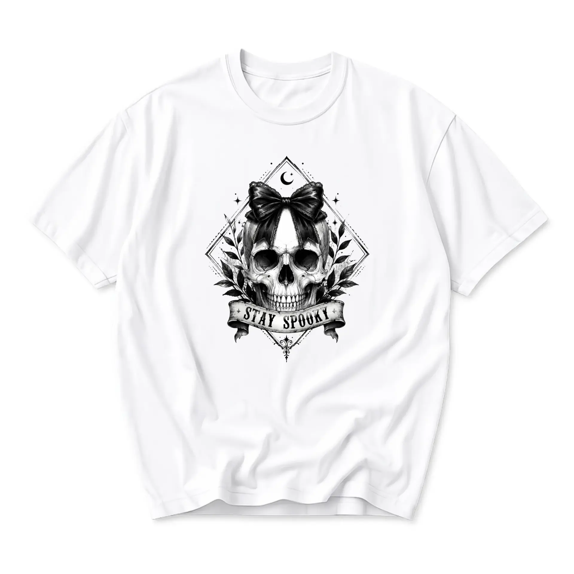 Graphic Tee Stay Spooky Skull Print Unisex Crew Neck Cotton Blend T-Shirt for Casual Everyday Wear and Self Expression