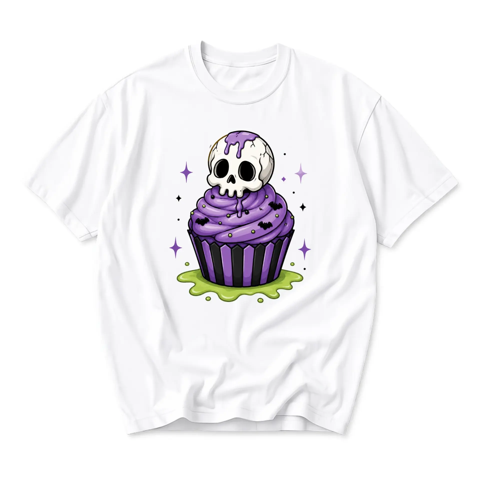 Graphic Tee Unisex Crew Neck T-Shirt Featuring Spooky Cupcake and Skull Illustration for Casual Everyday Apparel Style