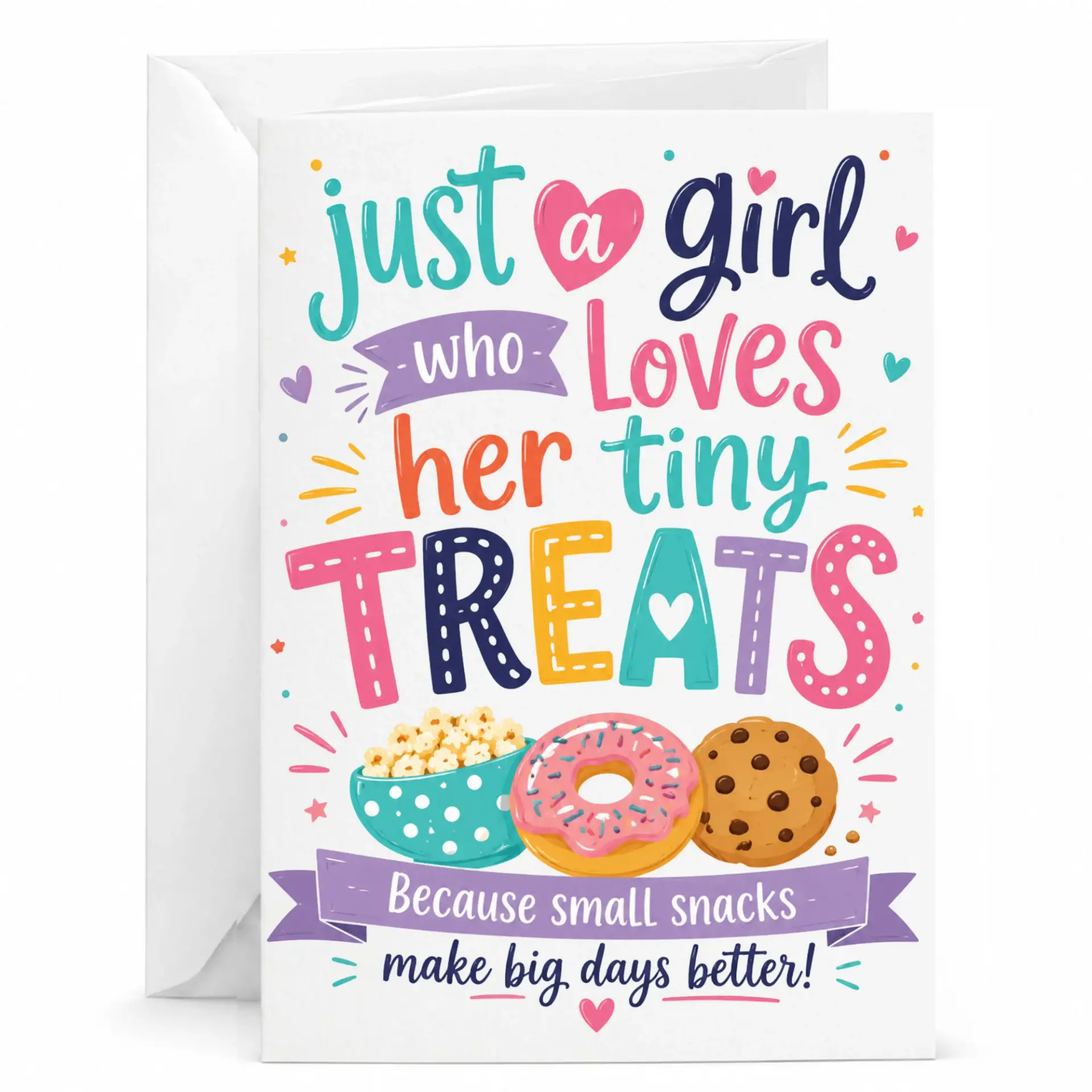 Funny Greeting Card Just a Girl Who Loves Her Tiny Treats Snack Pun Stationery for Sweets Lovers Foodie Gift