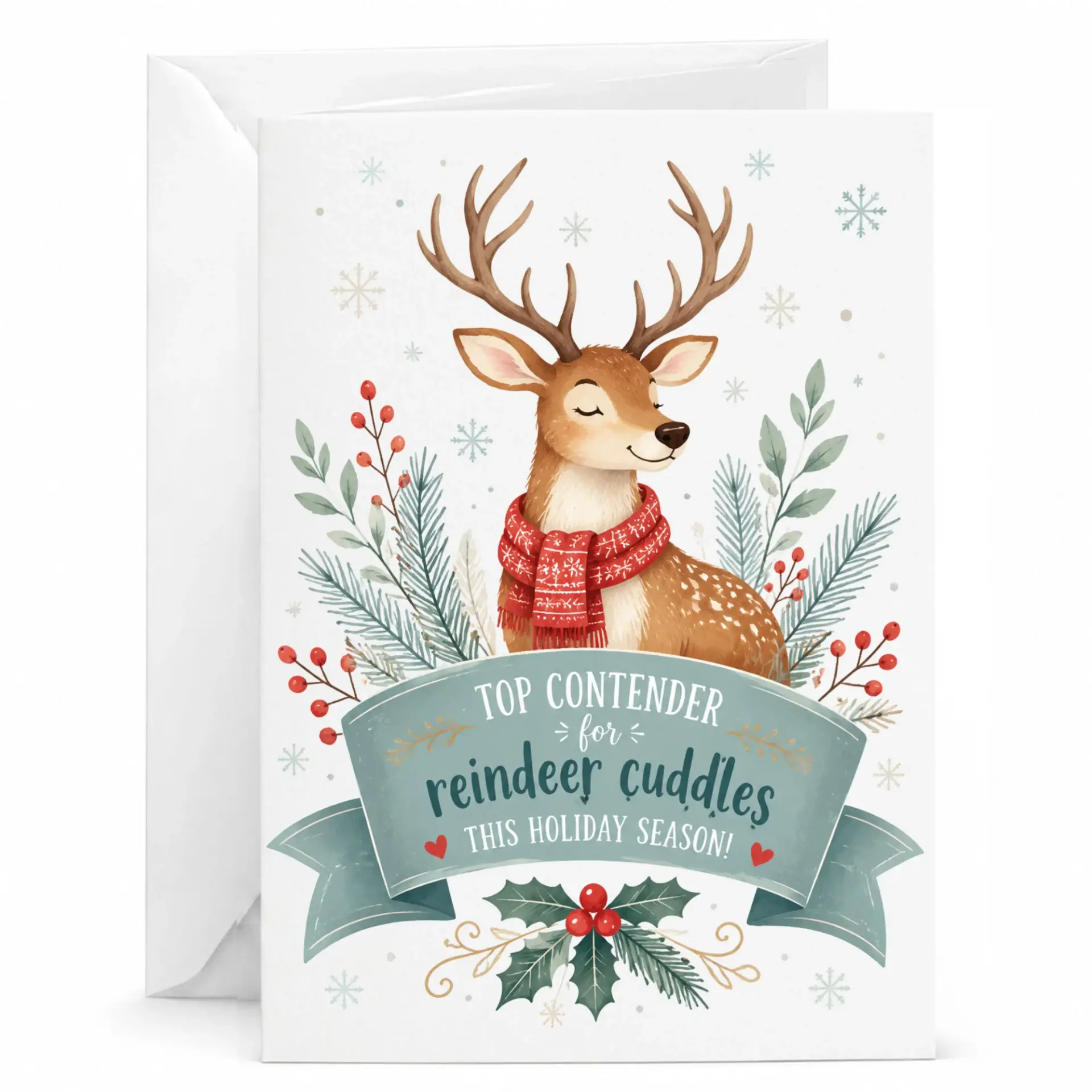 Funny Reindeer Cuddles Holiday Greeting Card, Cute Winter Animal Christmas Note Card with Matching White Envelope