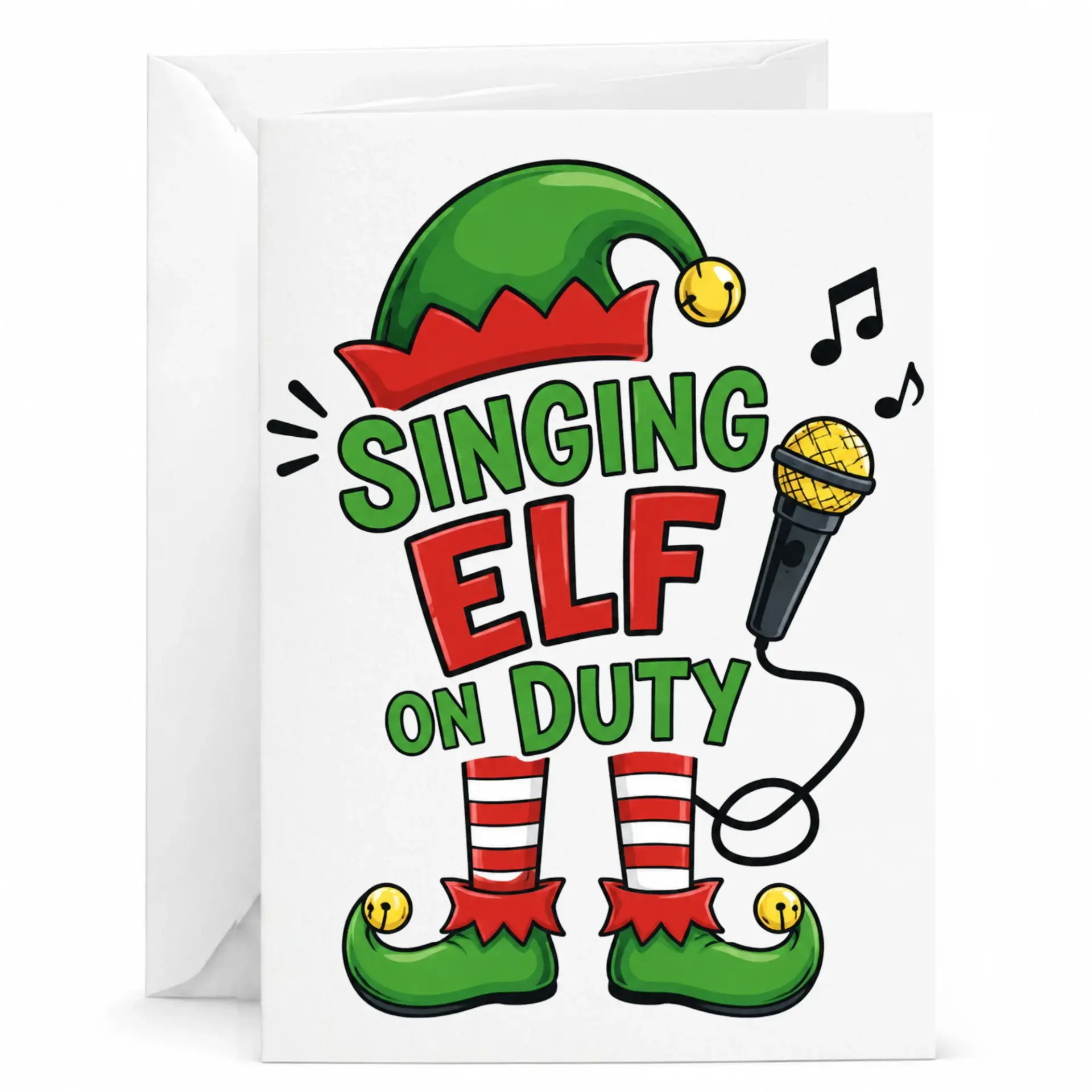 Funny Singing Elf on Duty Greeting Card, Holiday Seasonal Festive Music Lover Note Card, Cartoon Character Illustration