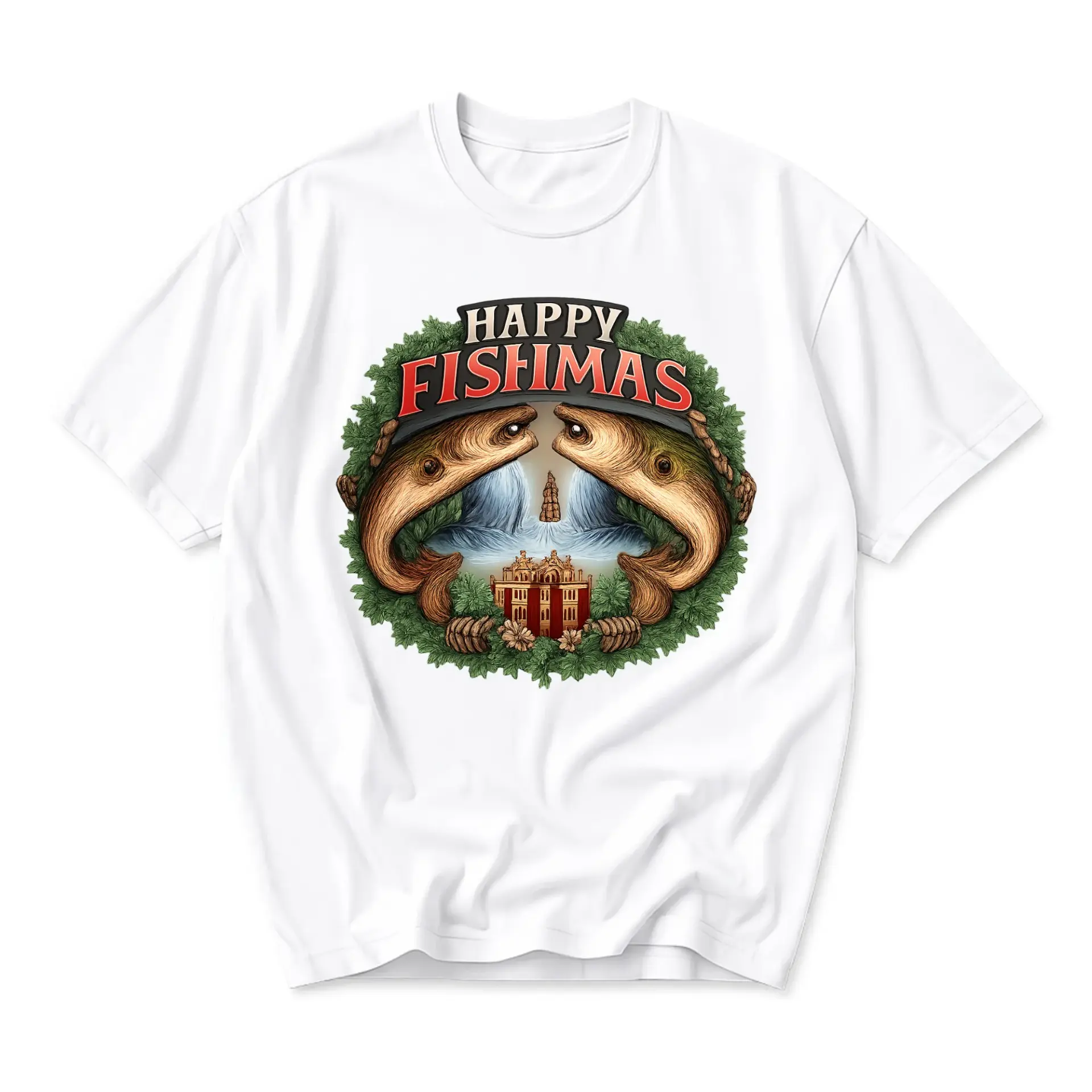 Funny Shirt Happy Fishmas Graphic Tee Unisex Crew Neck Casual Wear Humorous