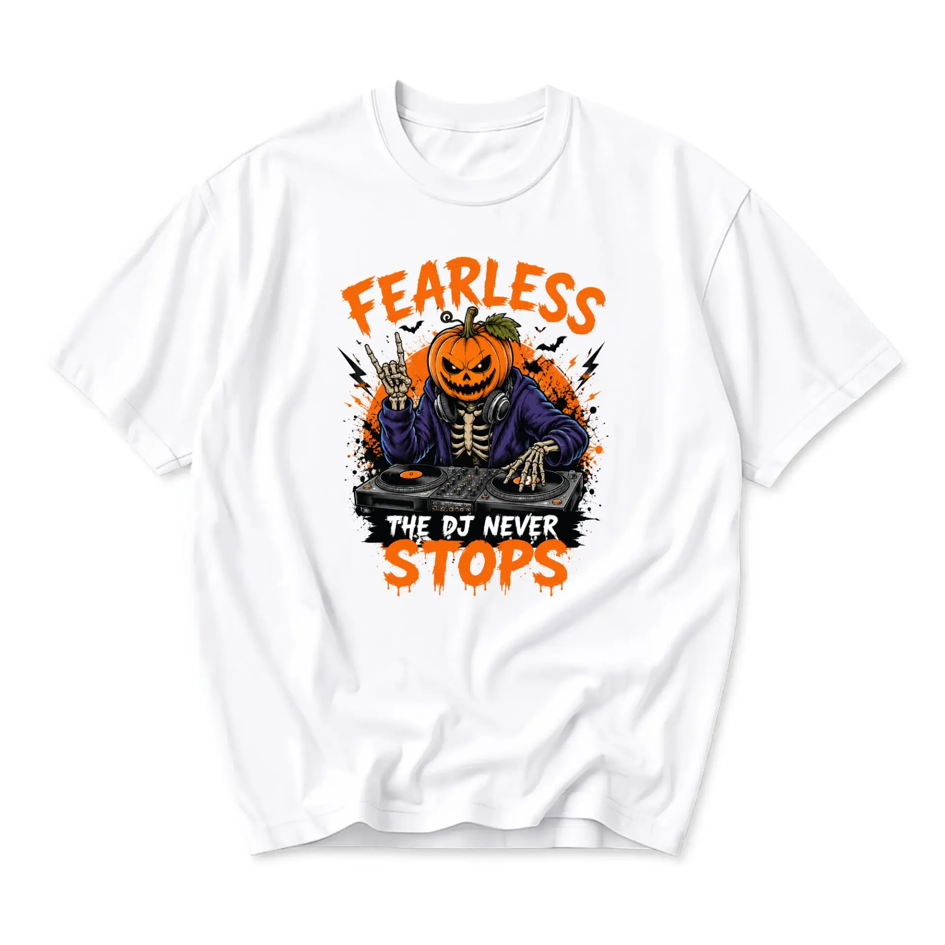 Graphic Tee Fearless the Dj Never Stops Pumpkin Skeleton Unisex Crew Neck Shirt for Casual Wear and Holiday Parties