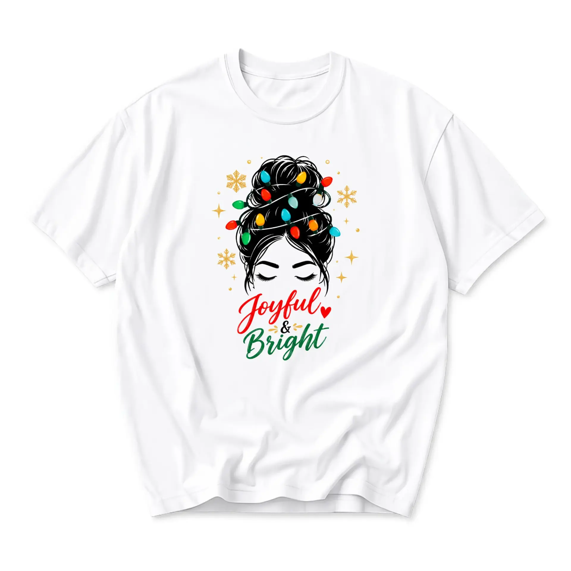 Graphic Tee Joyful and Bright Holiday Season Christmas Lights Messy Bun Hairstyle Print Unisex Crew Neck Shirt