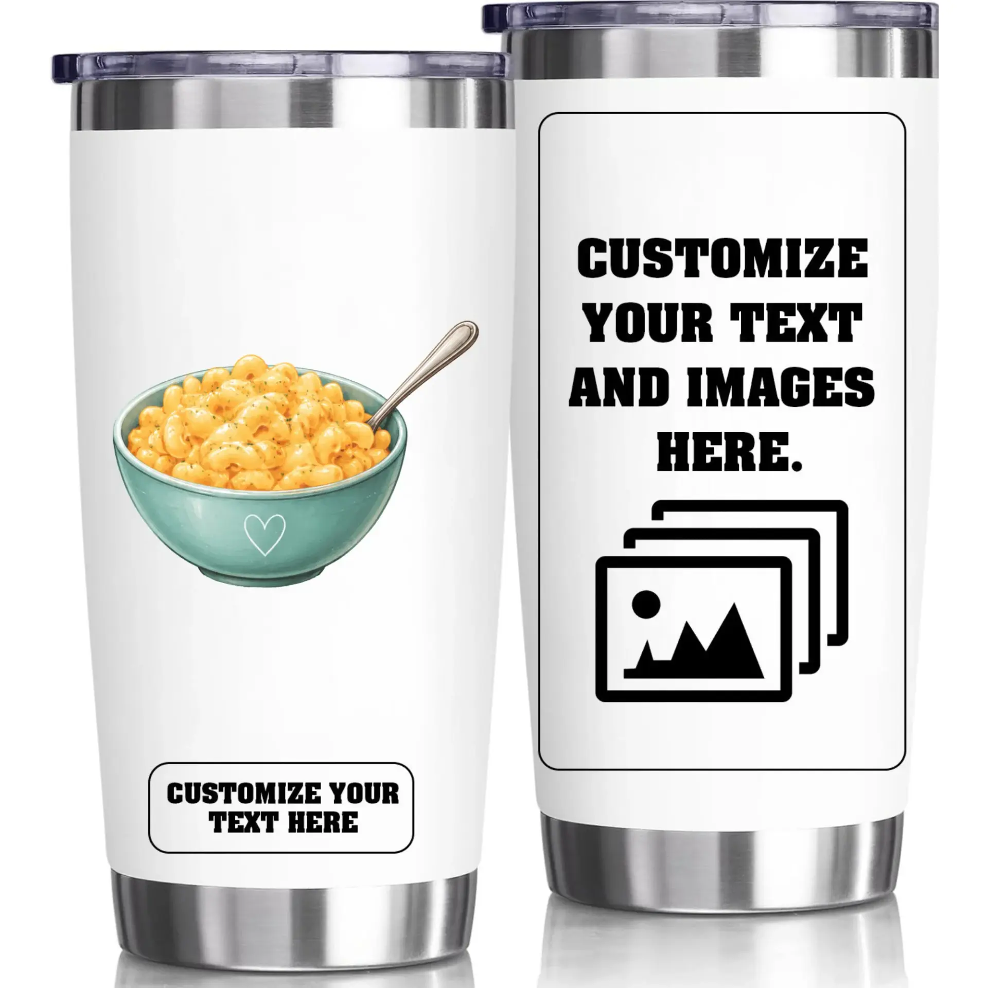 Stainless Steel Tumbler 20oz Personalized Travel Cup for Hot and Cold Drinks Custom Macaroni and Cheese Bowl Design