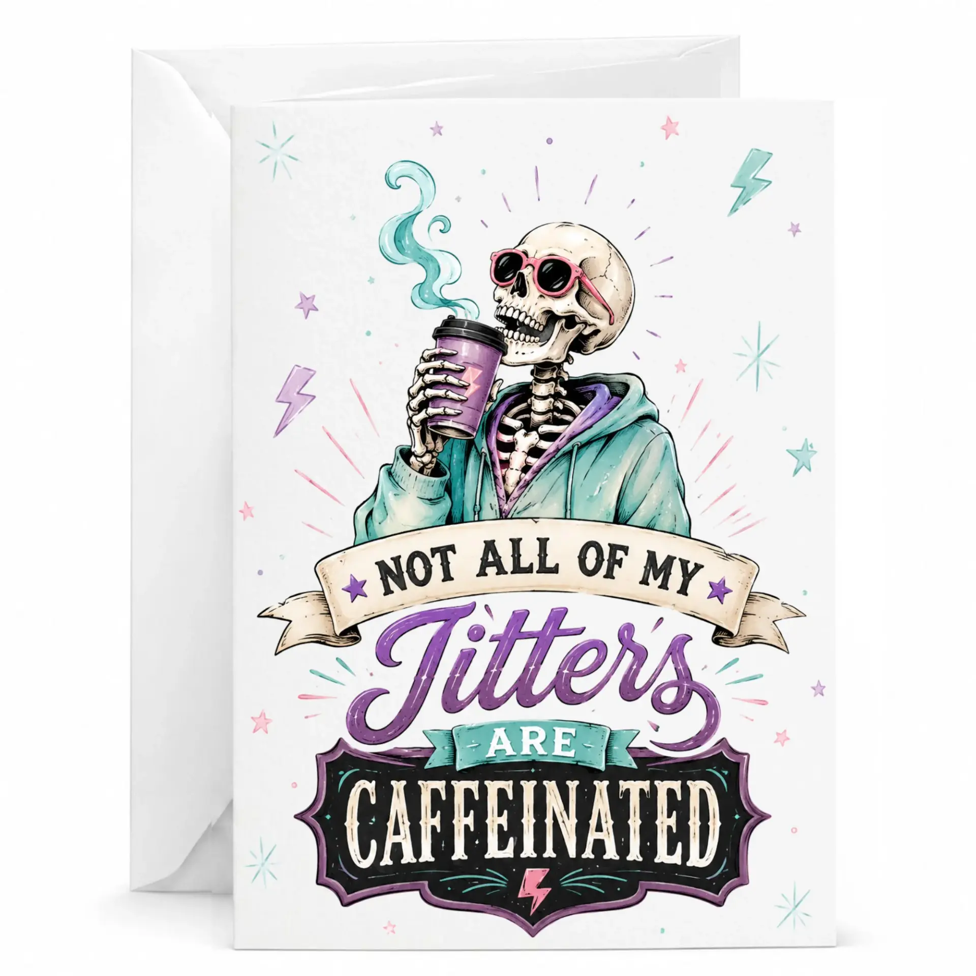 Funny Coffee Greeting Card Featuring Skeletal Design and Humorous Text for Friends Family Members