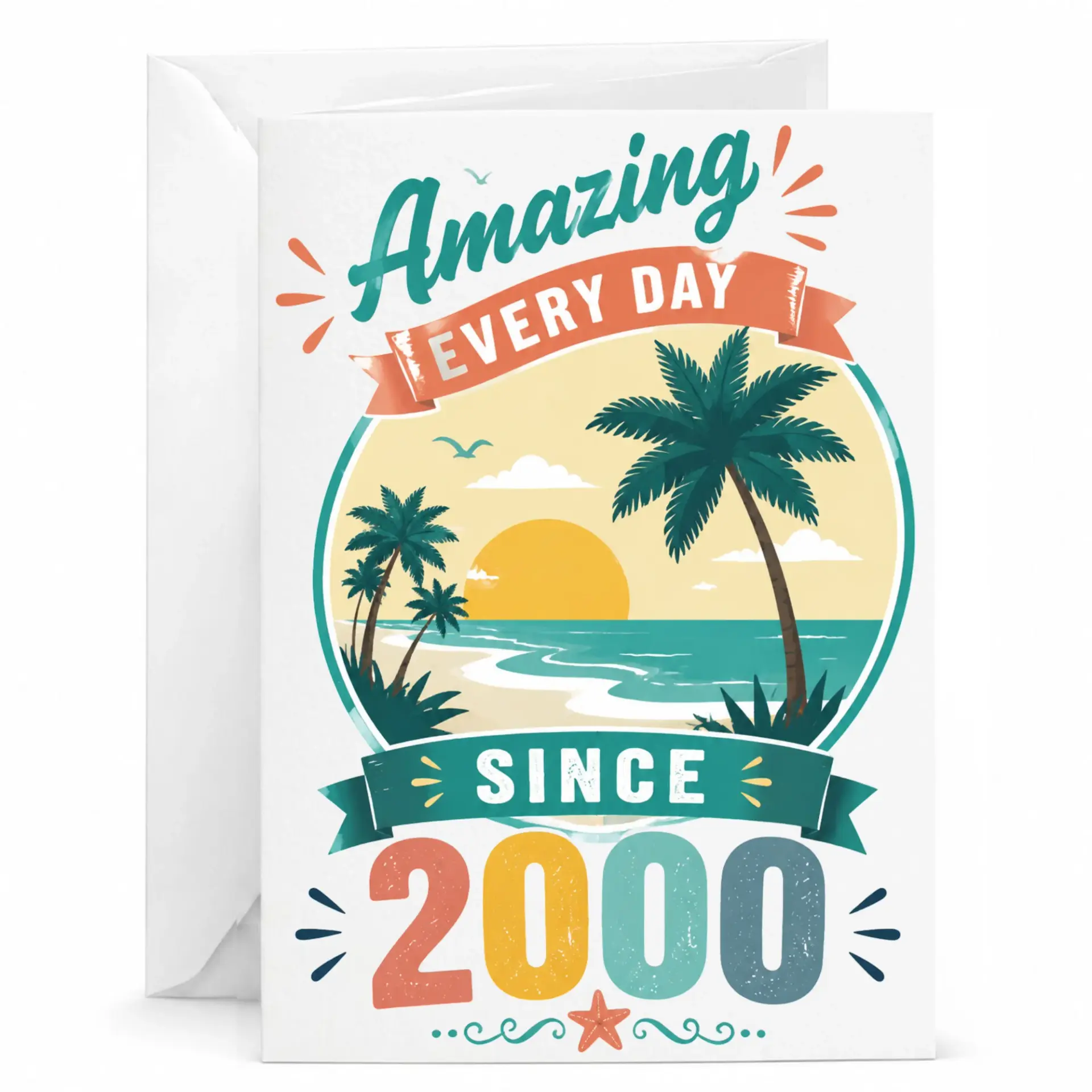 Greeting Card for Milestone Birthday Anniversary Since 2000 Vintage Beach Sunset Palm Tree Design 5x7 Inches Folded