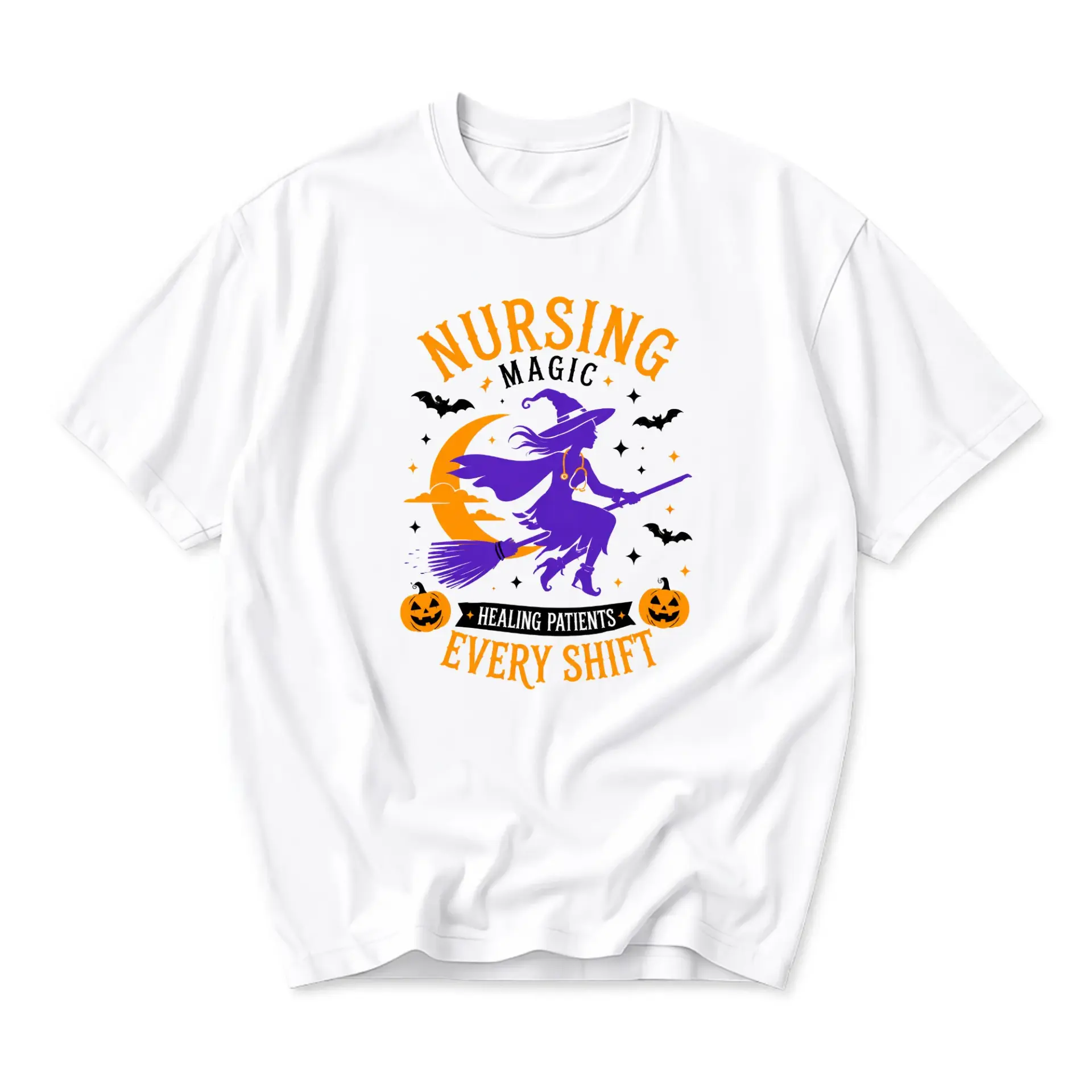 Graphic Tee Nursing Magic Healing Patients Every Shift Witch Design Unisex Crew Neck Short Sleeve Cotton T-Shirt