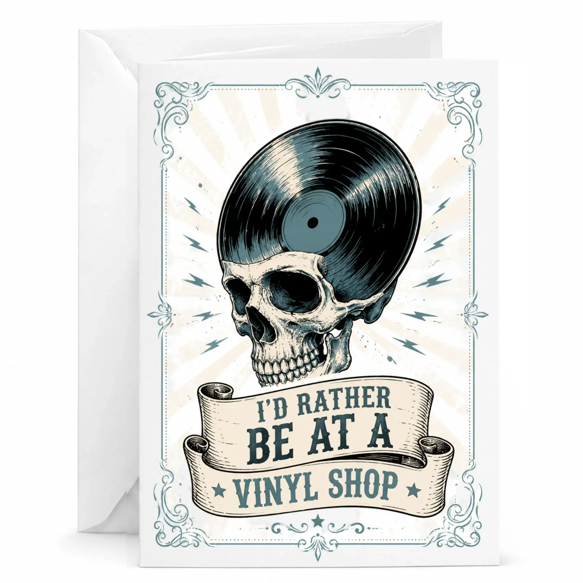 Funny Greeting Card for Music Lovers I Would Rather Be at a Vinyl Retro Skull Design Folded Note