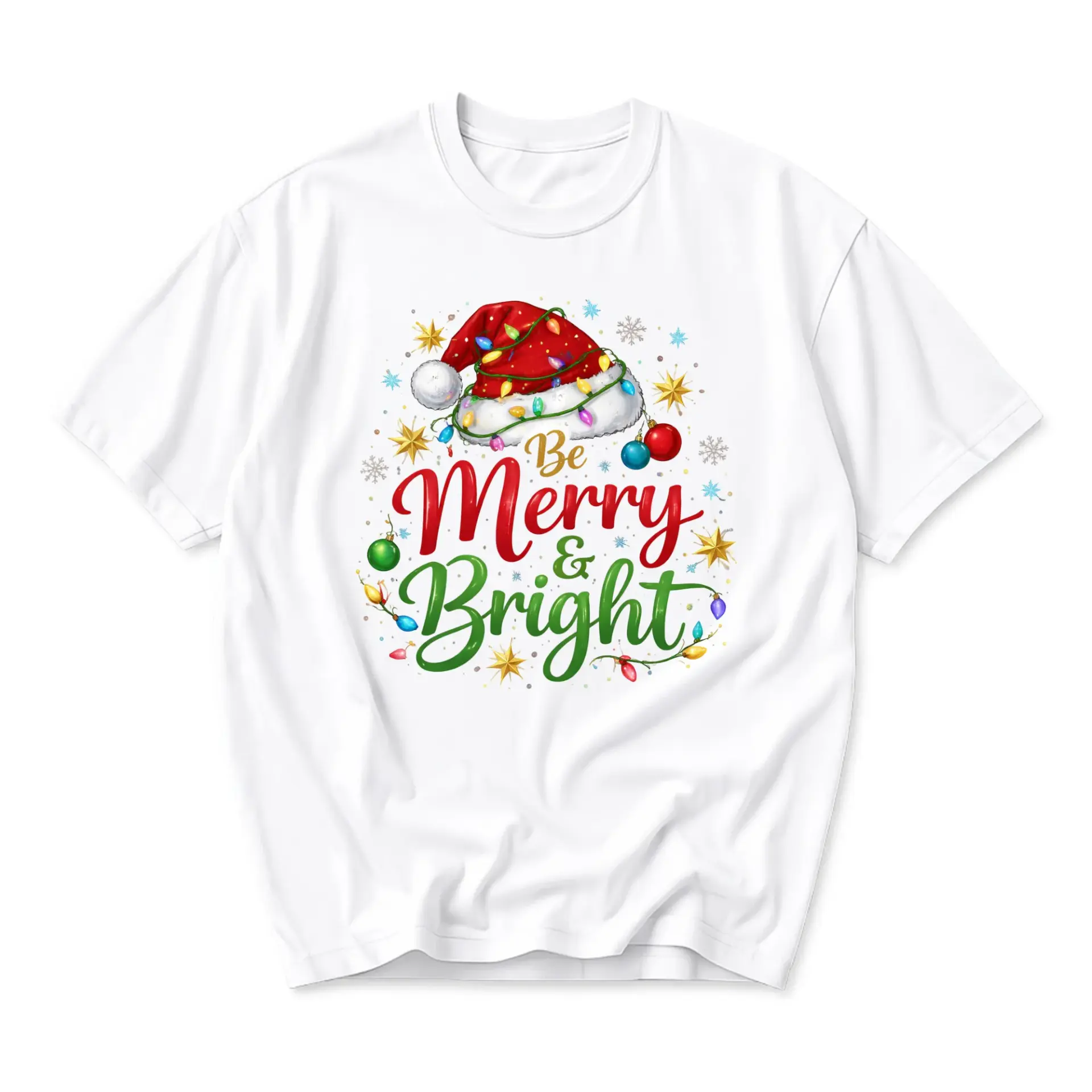 Graphic Tee Be Merry and Bright Holiday Christmas Santa Hat Lights Print Unisex Short Sleeve Crew Neck Cotton Shirt