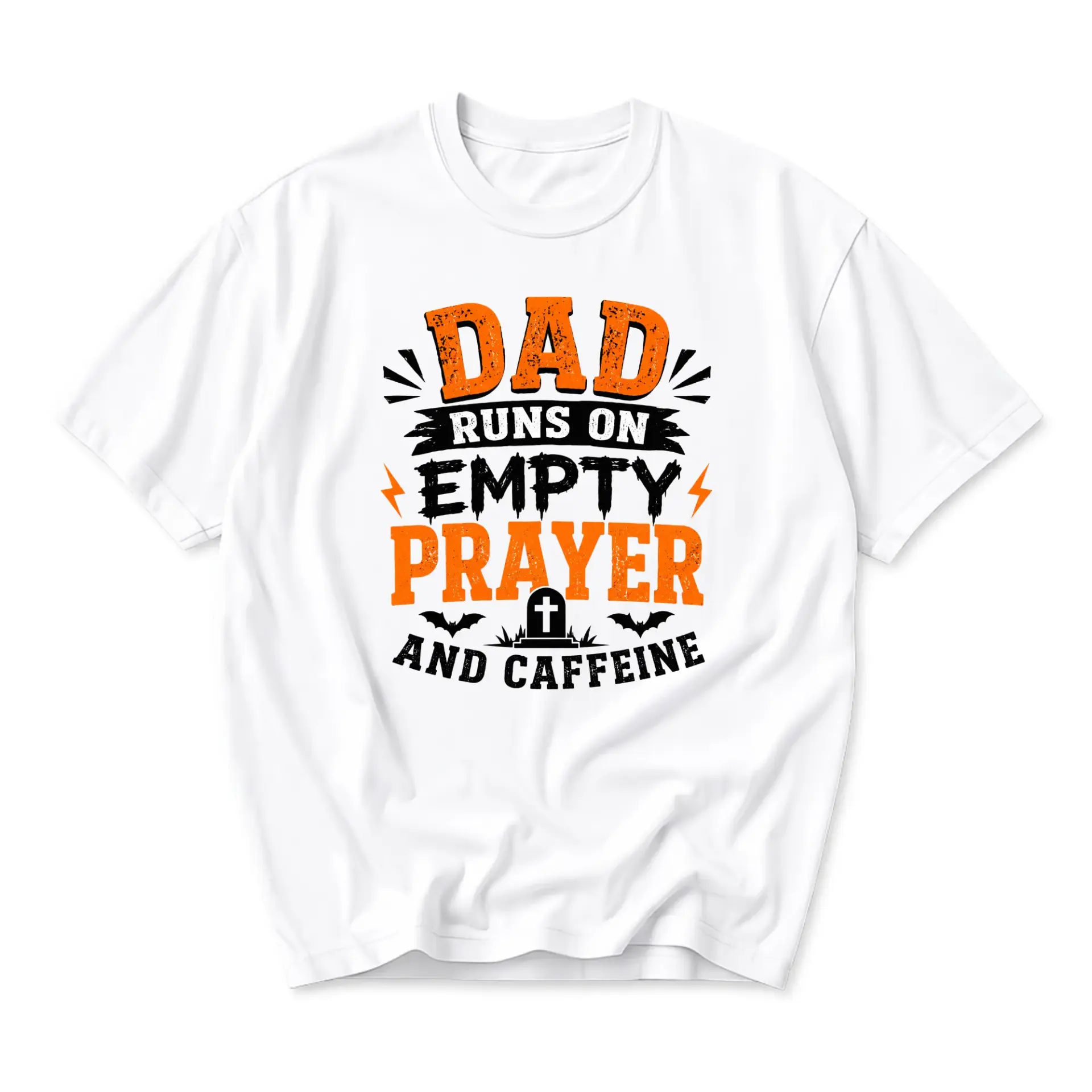 Funny Shirt Dad Runs on Empty Prayer and Caffeine Graphic Tee Casual Unisex Crew Neck Short Sleeve Cotton Apparel