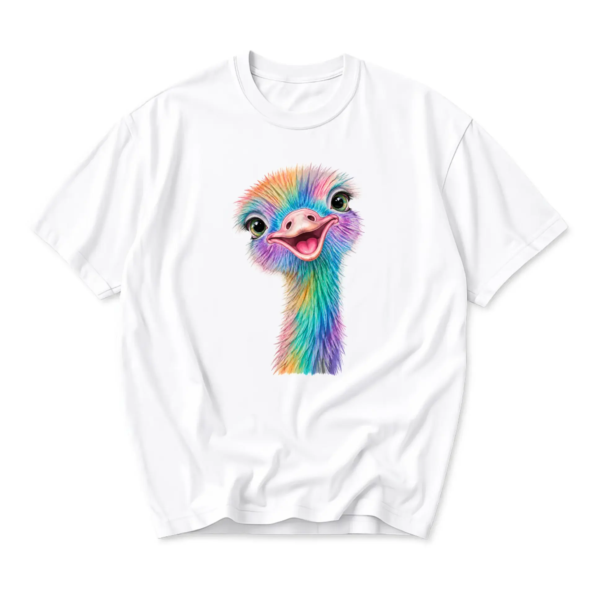 Graphic Tee Unisex Crew Neck T-Shirt Featuring a Colorful Rainbow Ostrich