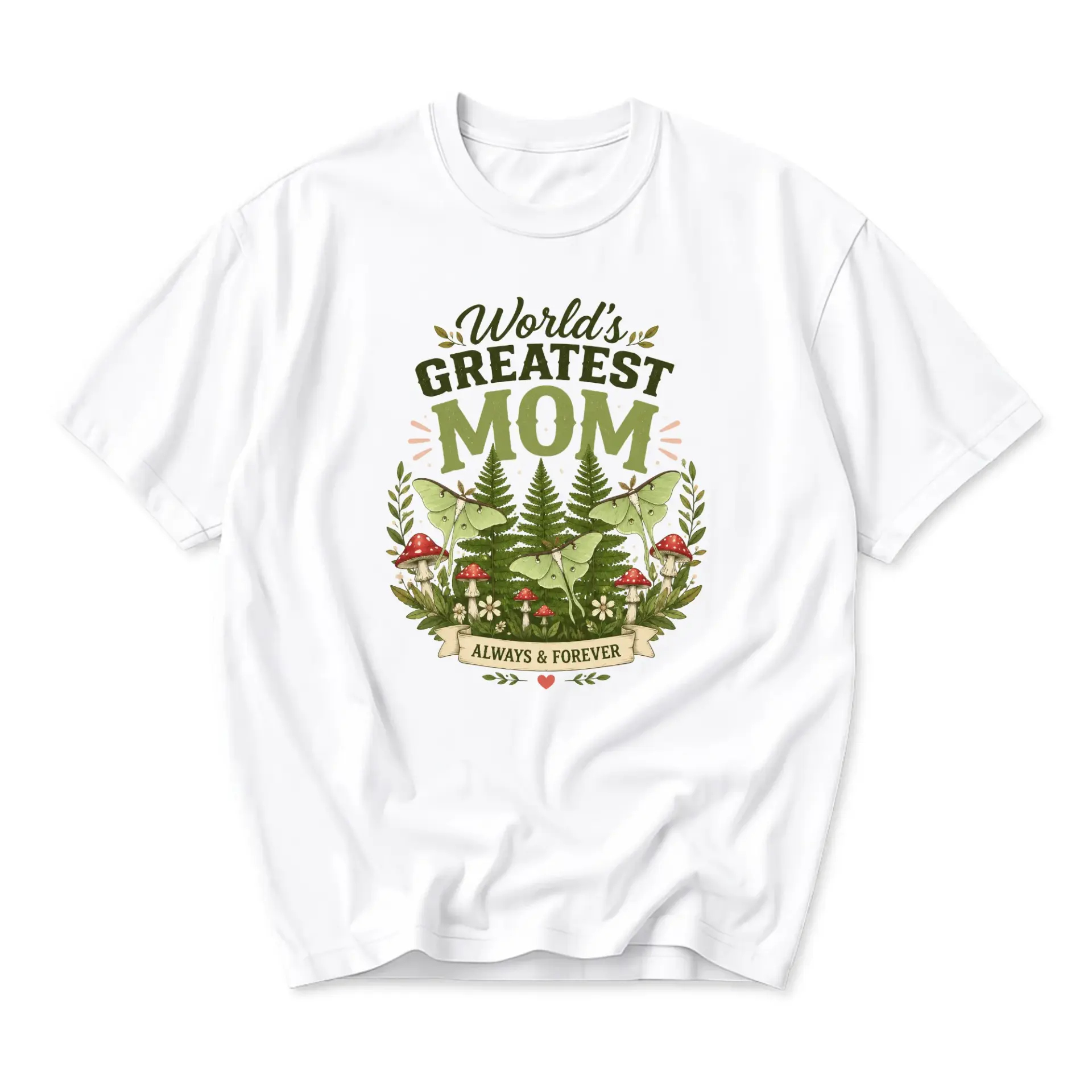 Graphic Tee World's Greatest Mom Nature Themed Moth and Mushroom Art Print Unisex Short Sleeve Crew Neck T-Shirt White