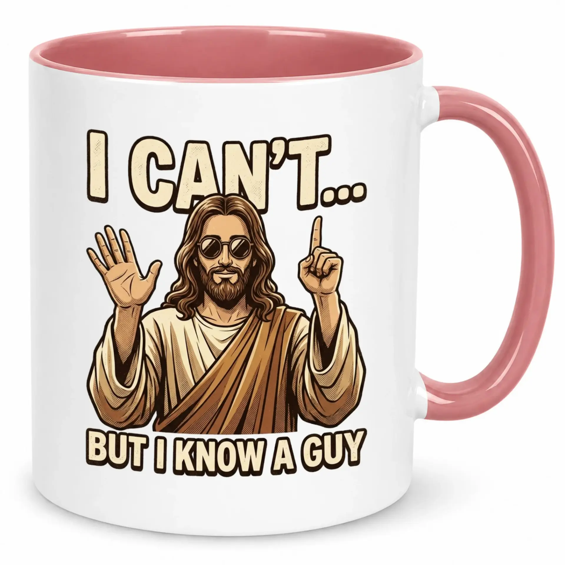 Funny Jesus "i Can't but I Know a Guy" Coffee Mug Humorous Religious Themed Ceramic Cup for Friends Family & Coworkers 11oz or 15oz Beverage Drinkware Gift