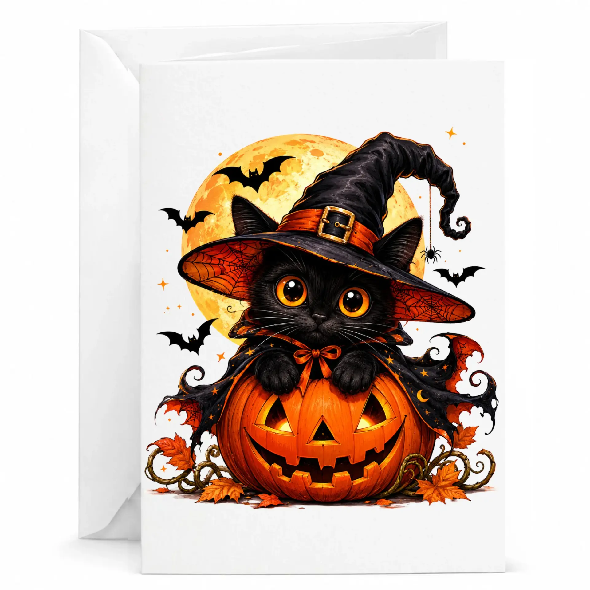 Greeting Card Black Cat Wearing Witch Hat Sitting in O Lantern Pumpkin Halloween Illustration Festive