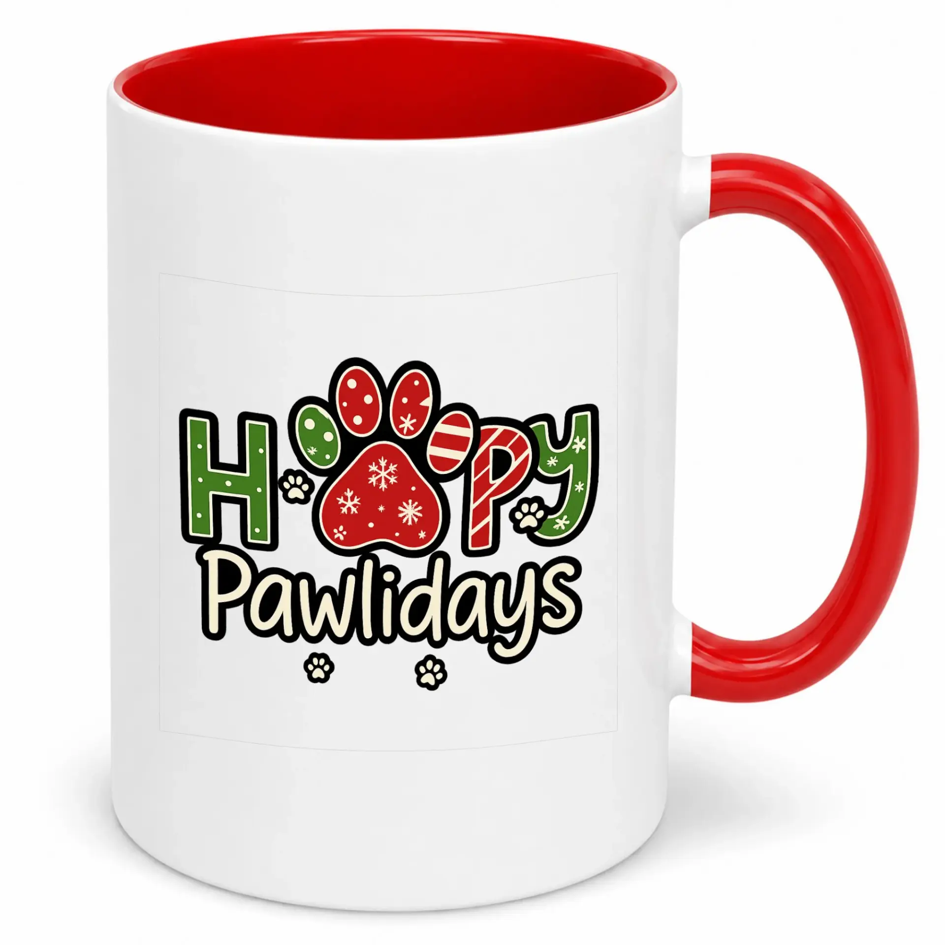 Christmas Holiday Pawlidays Coffee Mug, Funny Pet Themed Ceramic Cup with Red Handle, Festive Dog Lover Beverage Gift, 11 Oz or 15 Oz