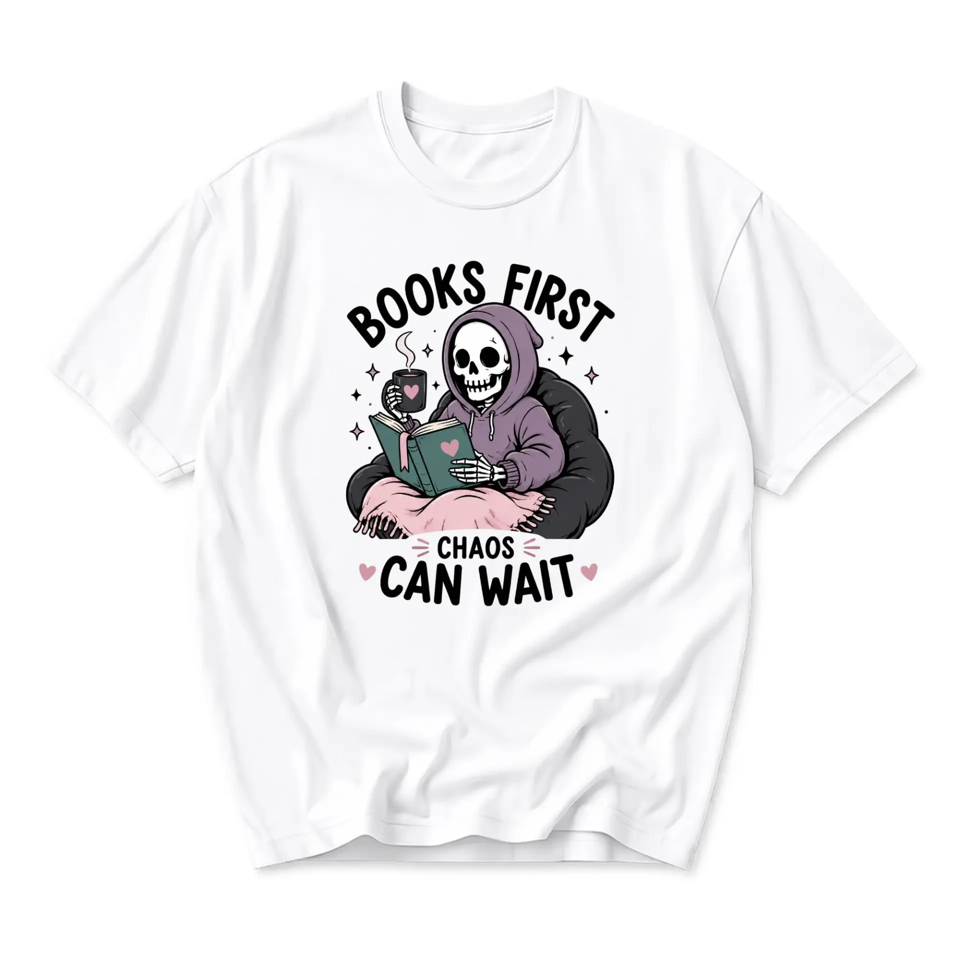 Funny Shirt Books First Chaos Can Wait Graphic Tee Aesthetic Skeleton Reading Unisex Casual Cotton Crew Neck Top