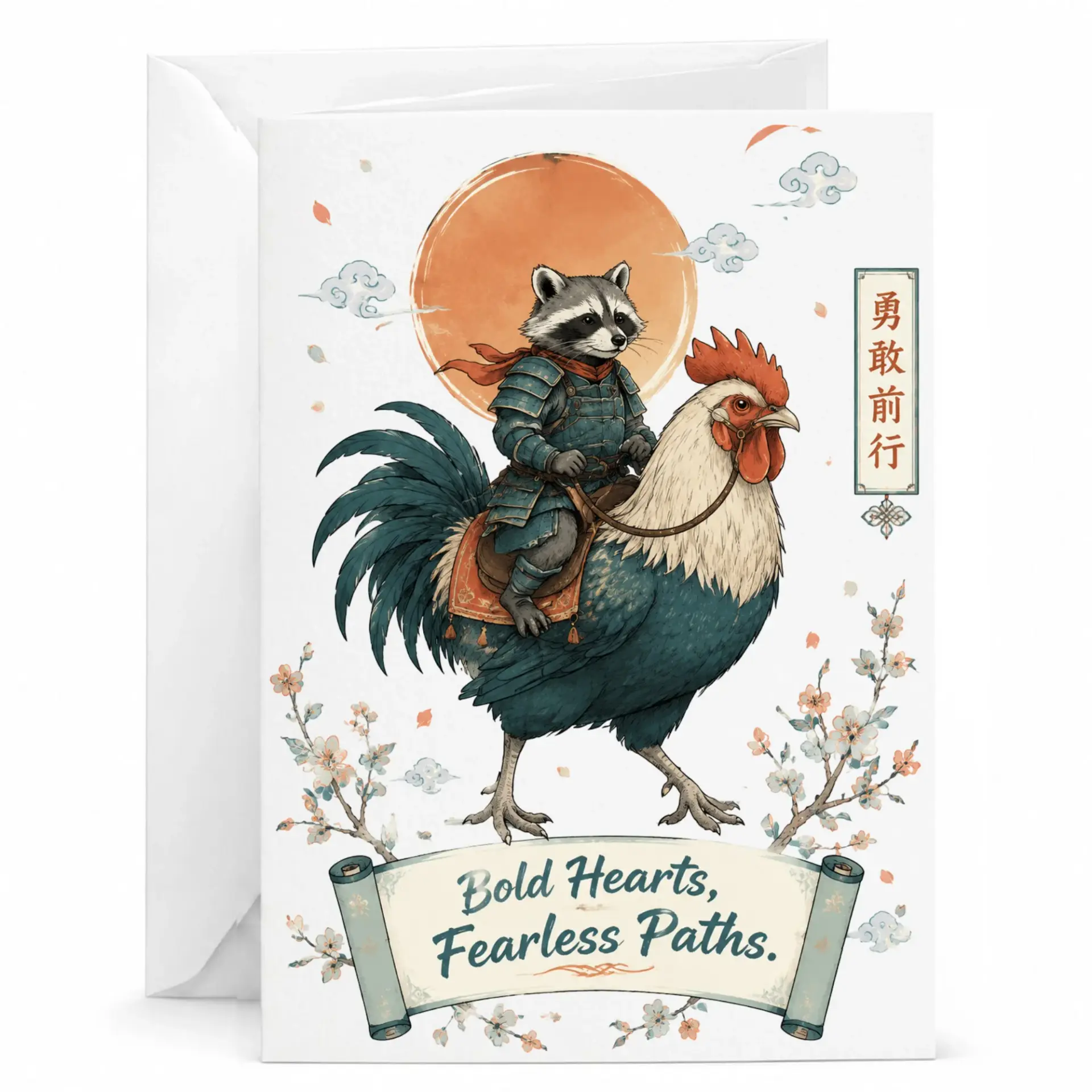 Greeting Card with Samurai Raccoon Riding Rooster Design Featuring Floral Accents and Inspirational Sentiment