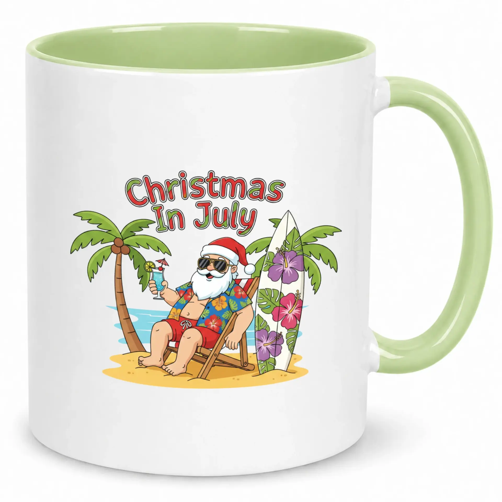 Funny Christmas in July Coffee Mug, Festive Santa Beach Vacation Ceramic Beverage Cup, Tropical Summer Holiday Theme Drinkware Gift