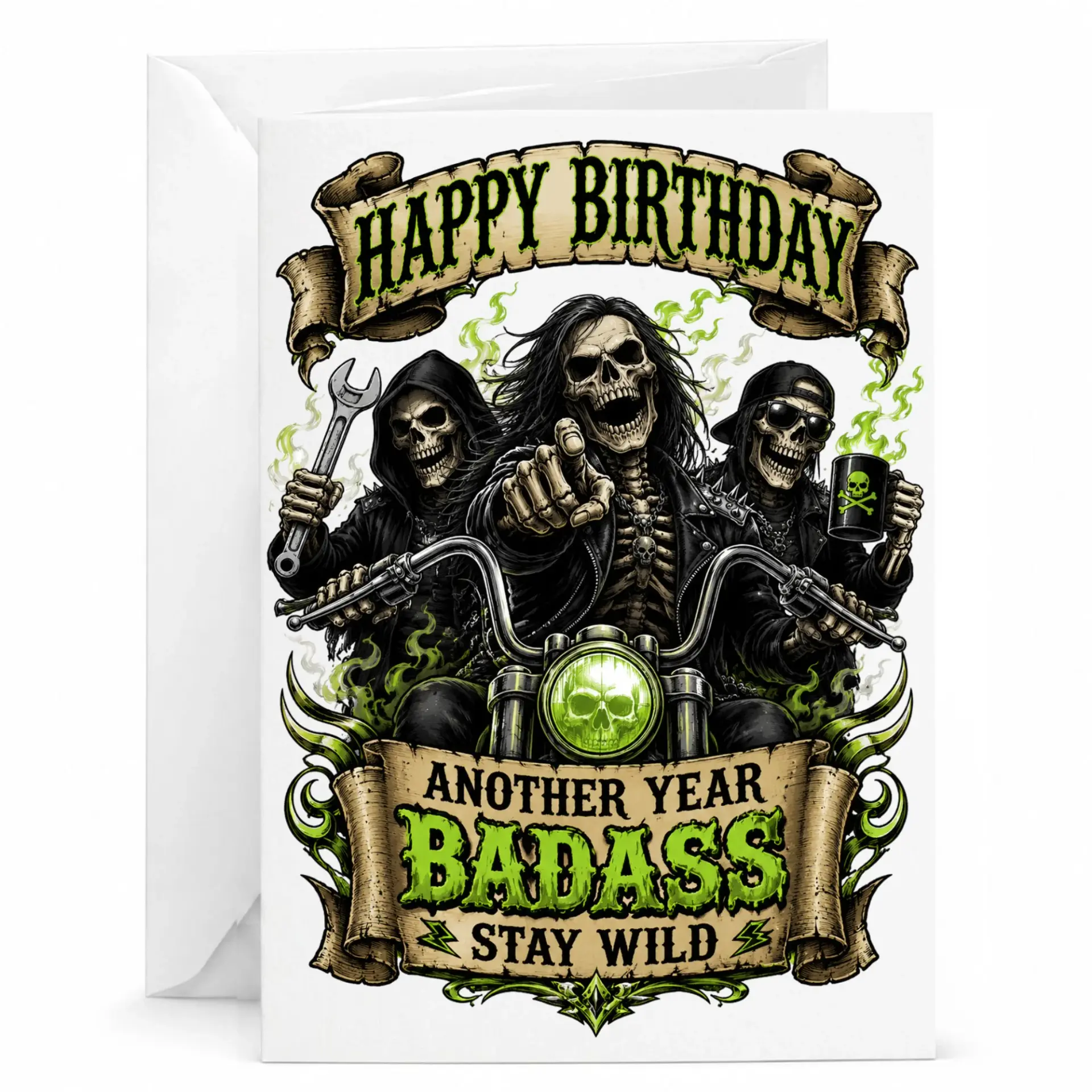 Birthday Card Funny Biker Skeleton Design Heavyweight Greeting with Envelope for Him or Her