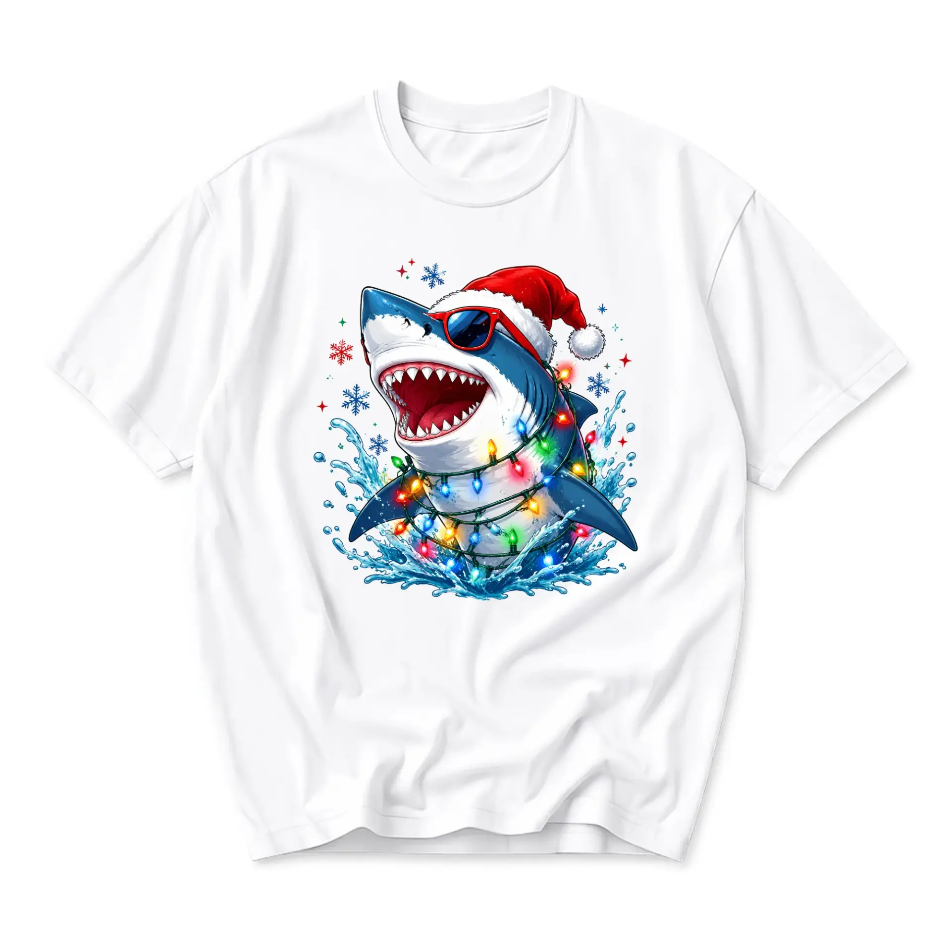 Graphic Tee Funny Christmas Shark Wearing Santa Hat and Sunglasses with Colorful String Lights Unisex Crew Neck Shirt
