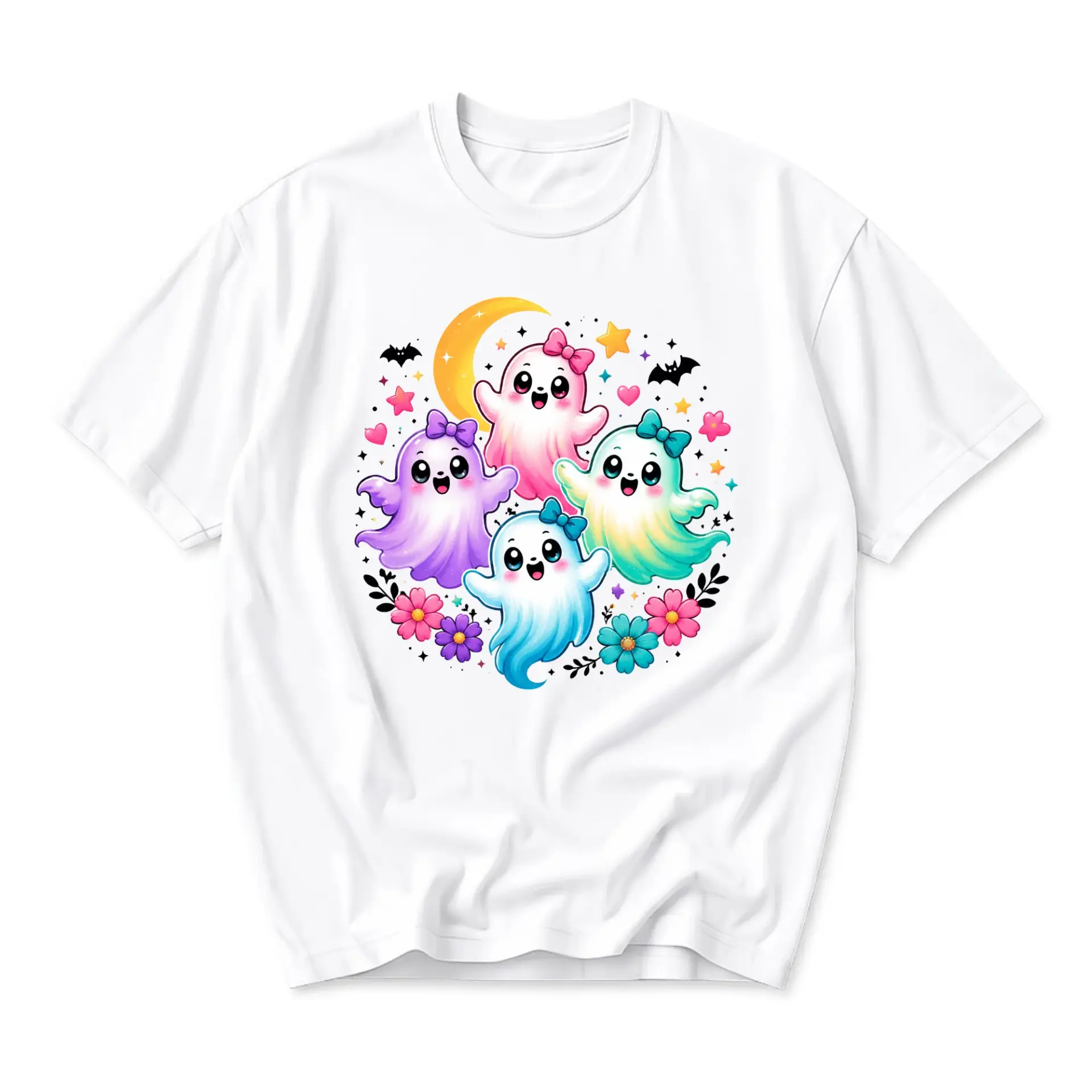 Graphic Tee Cute Pastel Ghost Friends Shirt Unisex Crew Neck Everyday Casual Apparel for Fall Seasonal Enthusiasts