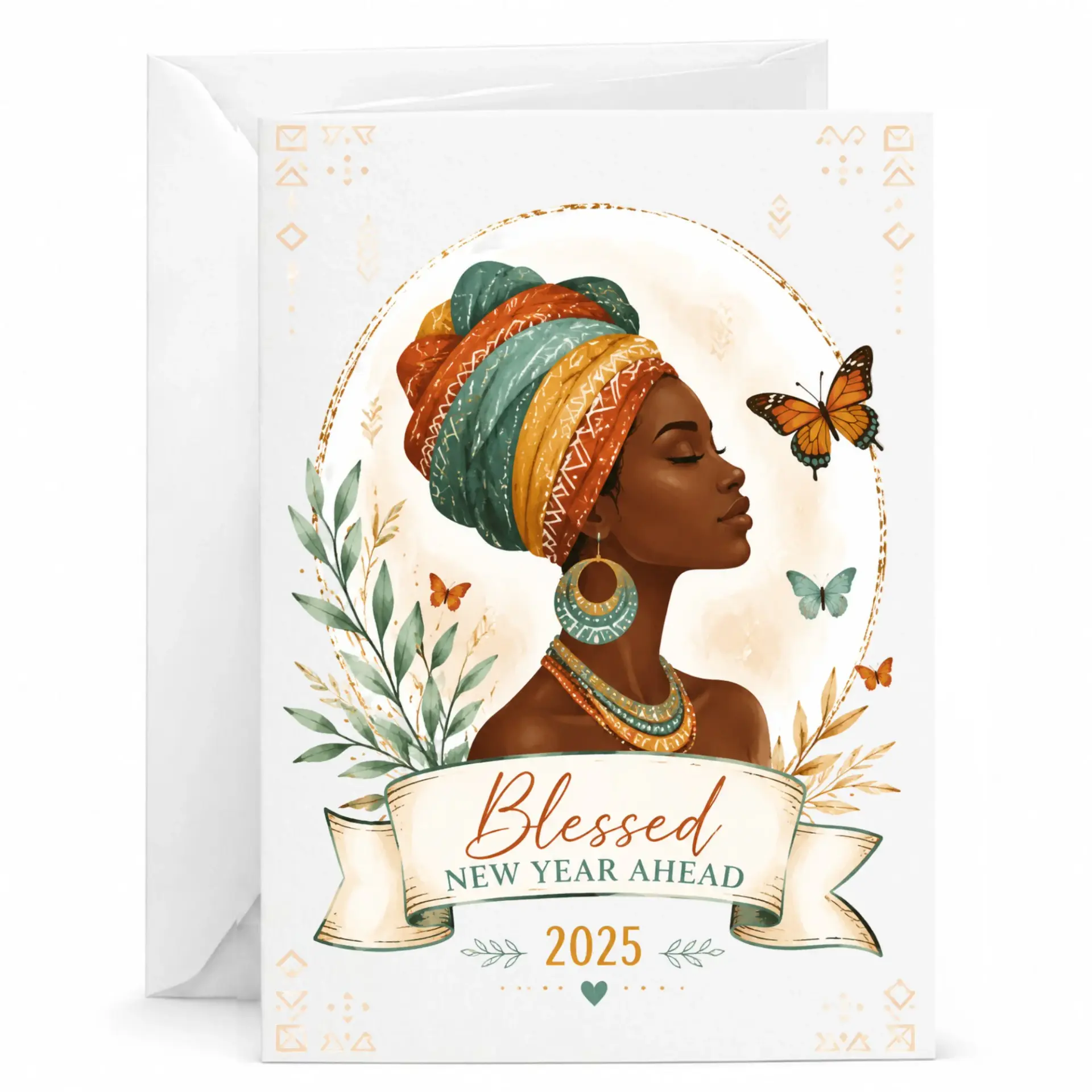 Greeting Card Blessed New Year Ahead 2025 Featuring Elegant Portrait Illustration and Butterflies Decorative Stationery