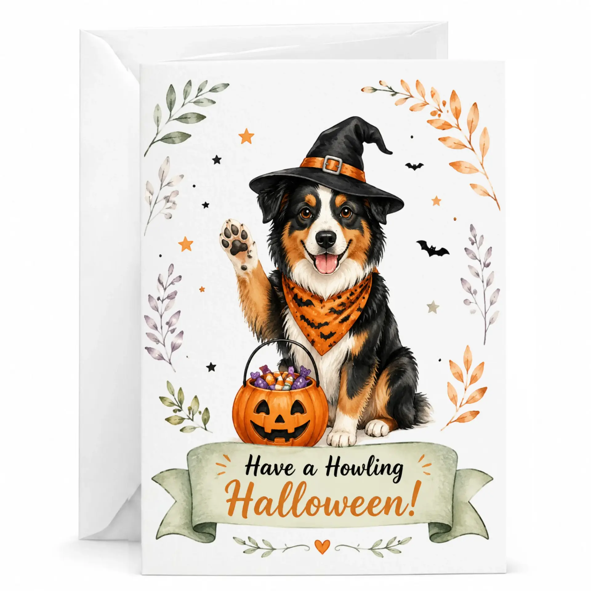 Funny Dog Halloween Greeting Card with Matching Envelope Cute Witch Hat Puppy Pumpkin Bucket Print 5x7 Inches