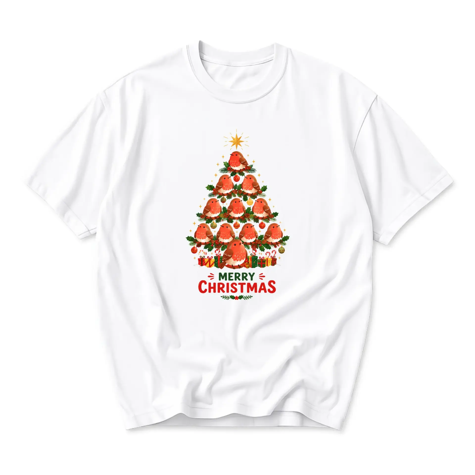 Graphic Tee Christmas Tree with Cute Robin Birds Holiday Season Print Unisex Crew Neck Casual Cotton Shirt
