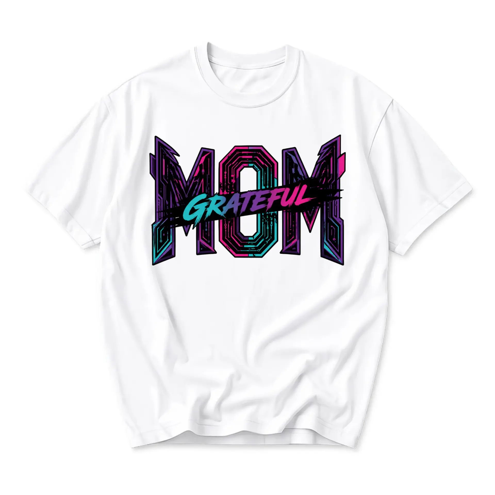 Graphic Tee Unisex Crew Neck Short Sleeve Shirt Featuring Retro Cyber Aesthetic Grateful Mom Text Print Design
