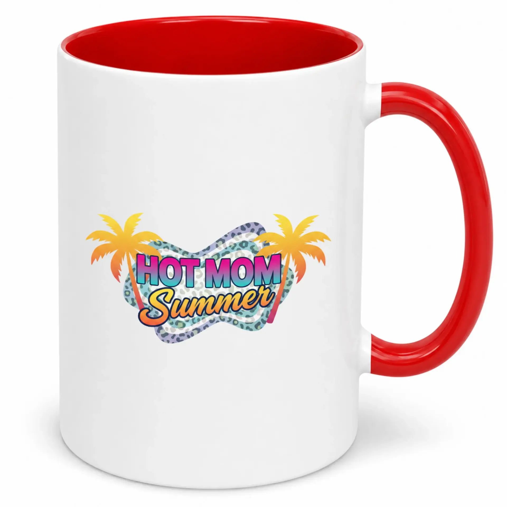Funny Ceramic Coffee Mug with Hot Mom Summer Aesthetic Design, Premium White Ceramic Cup with Red Handle and Interior for Coffee Tea Lovers