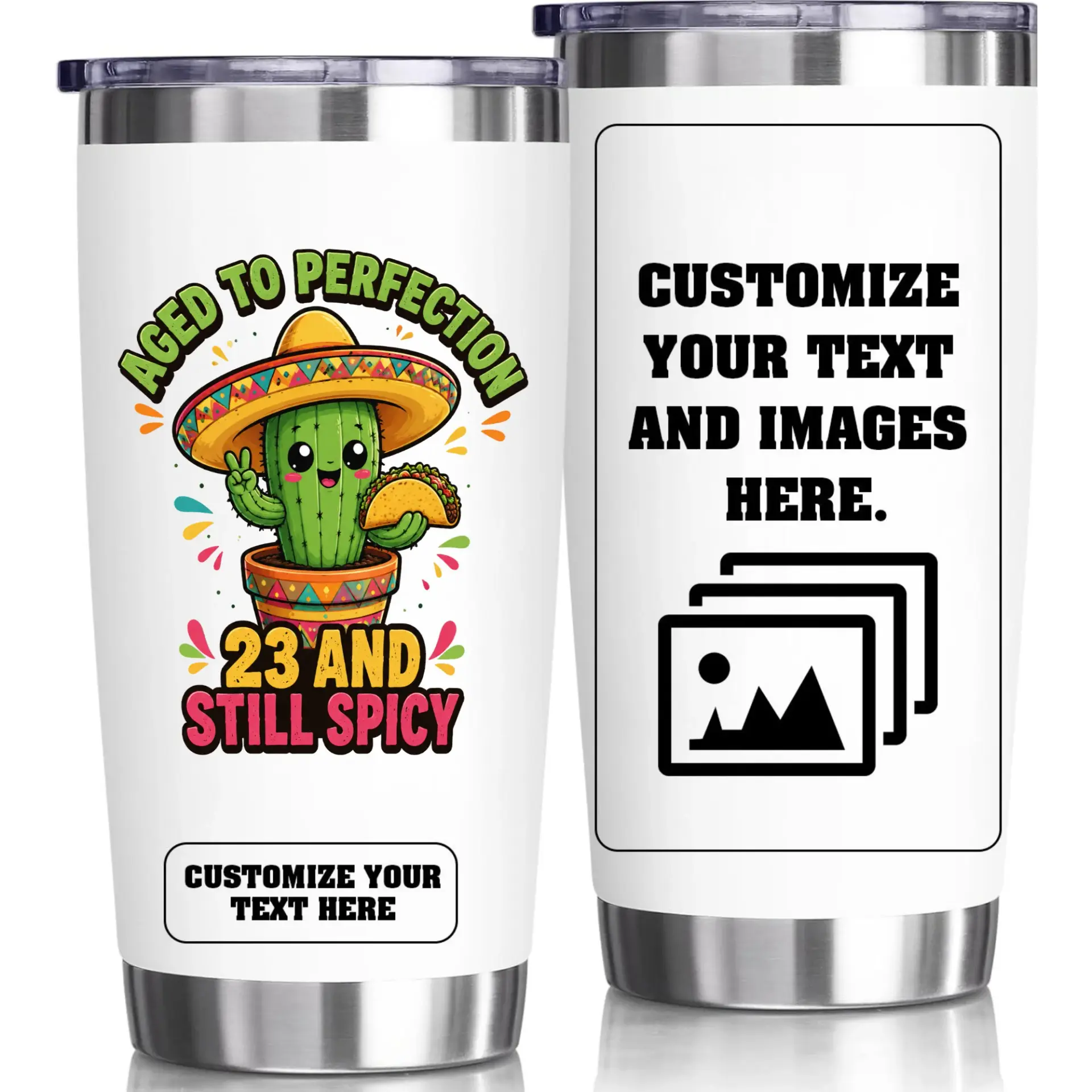 Stainless Steel Tumbler Aged to Perfection 23 and Still Spicy Cactus Design Insulated 20oz Travel Cup for Hot Cold Drinks