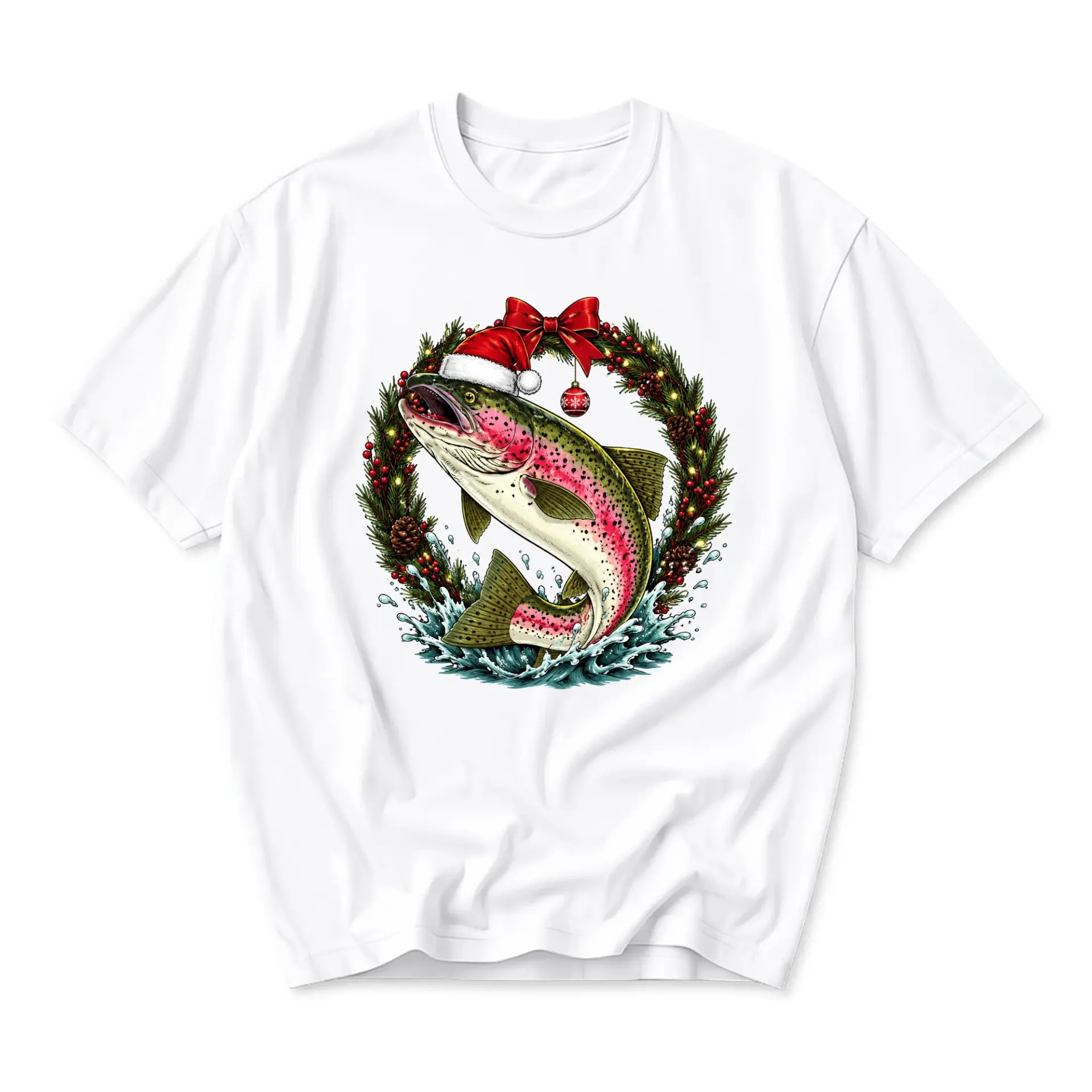 Graphic Tee Christmas Fishing Holiday T-Shirt Featuring a Festive Rainbow