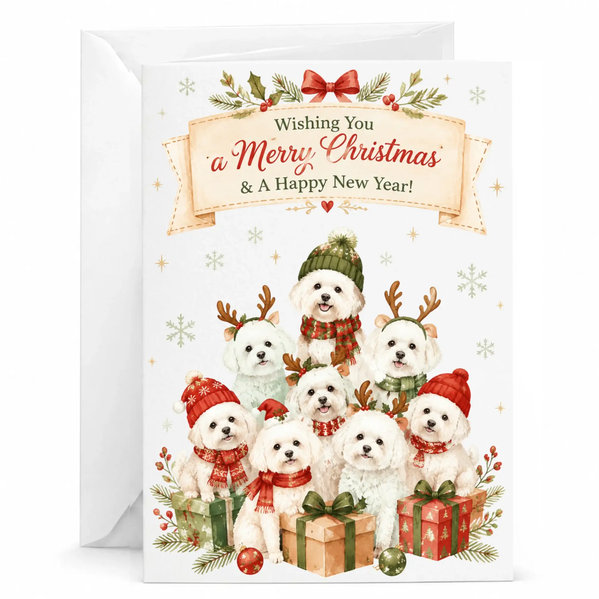 Greeting Card Merry Christmas and Happy New Year Featuring Festive White Dogs with Holiday Gifts and Decorations