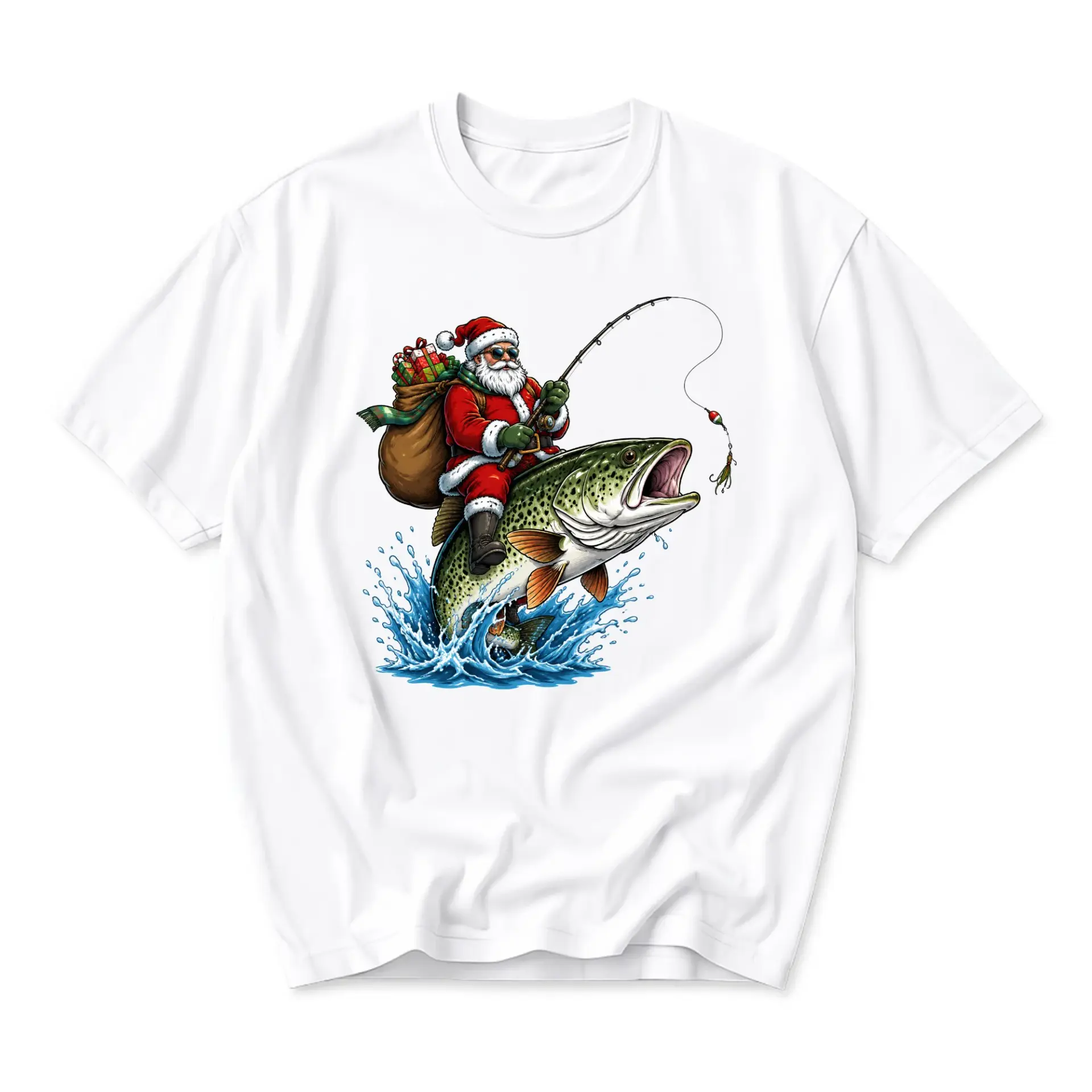 Funny Shirt Santa Claus Fishing Graphic Tee Unisex Casual Apparel for