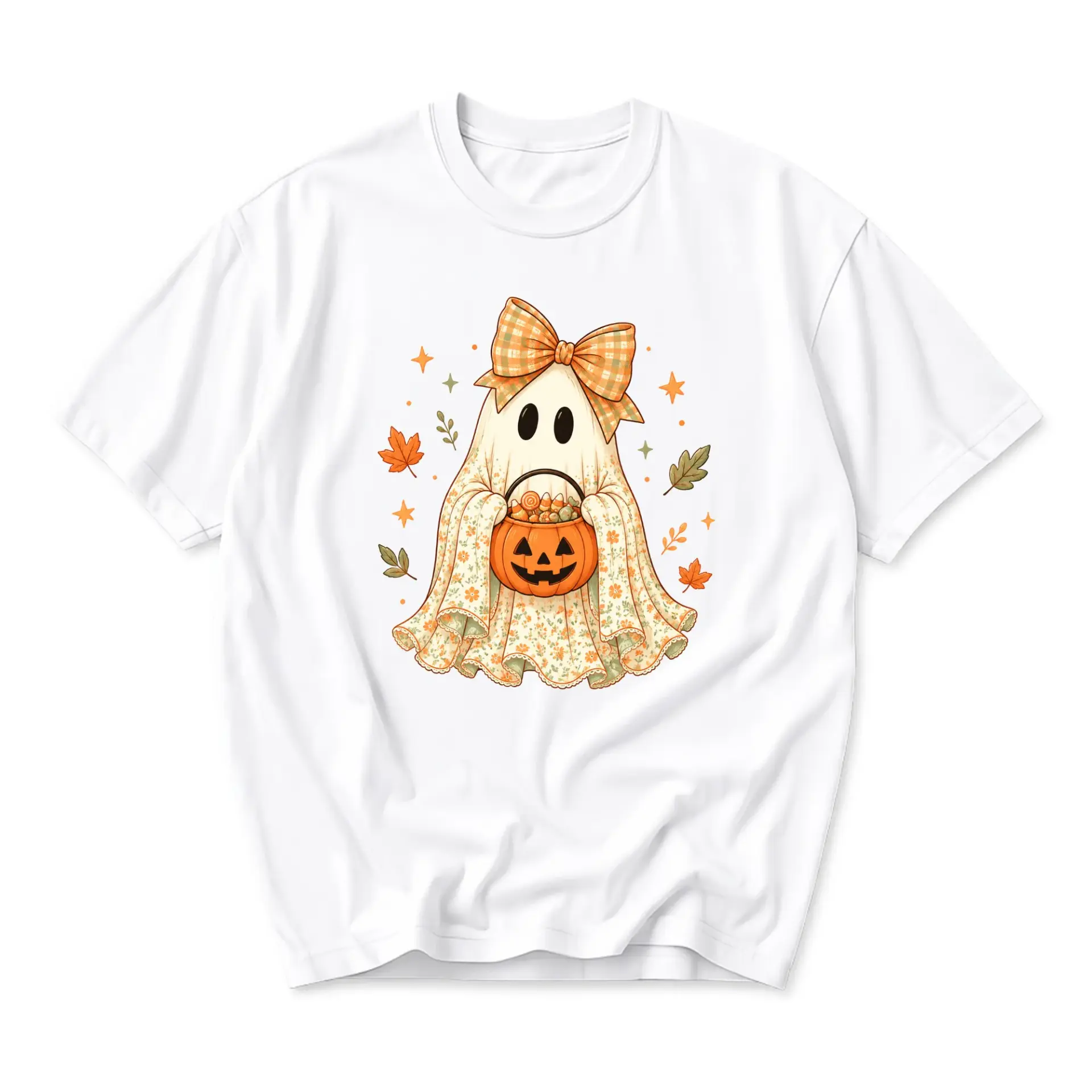 Graphic Tee Cute Ghost Wearing Bow with Pumpkin Bucket Design Casual Unisex Short Sleeve Crew Neck Cotton Shirt