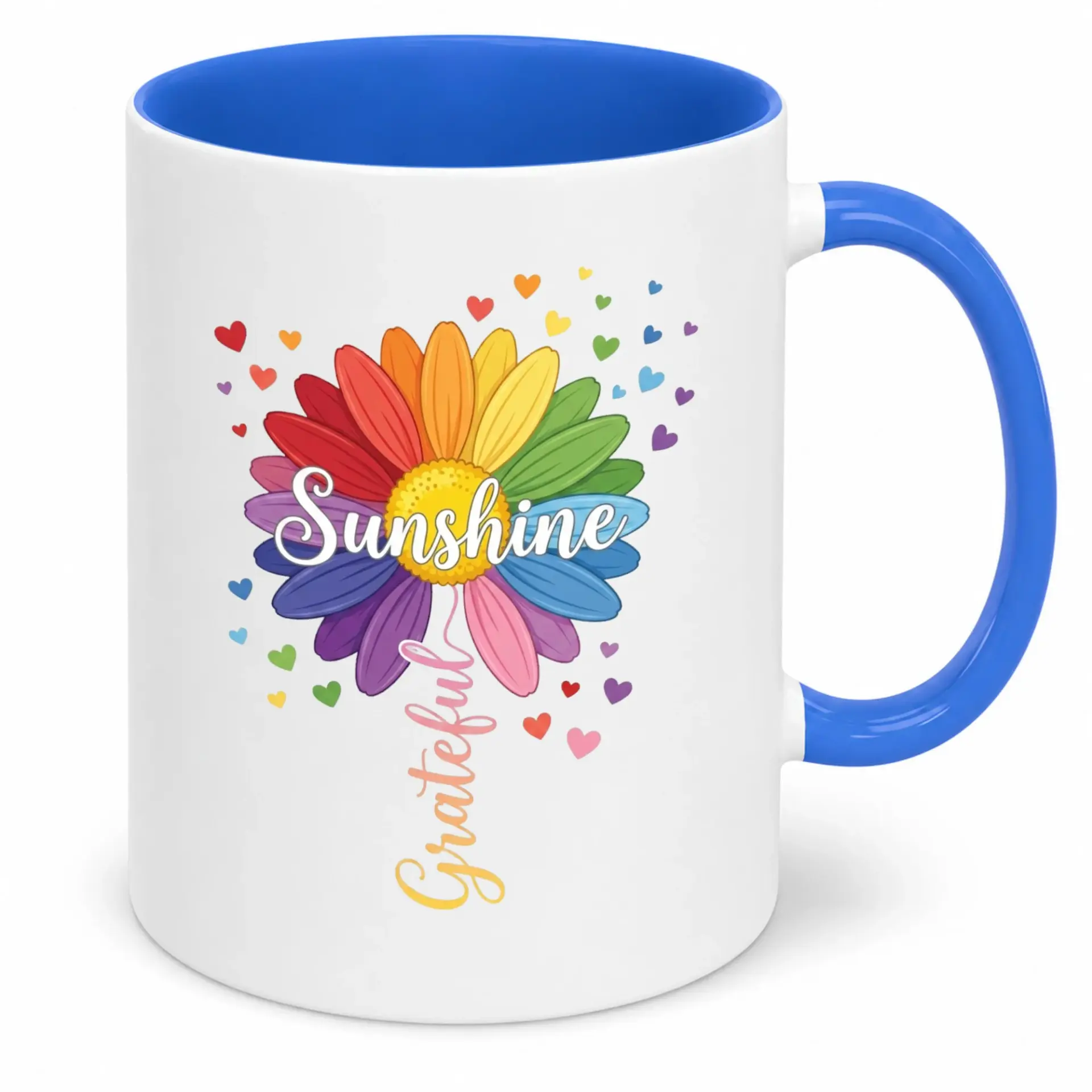 Coffee Mug, Inspirational Ceramic Mug with Colorful Rainbow Daisy Flower and Sunshine Grateful Message, White and Blue
