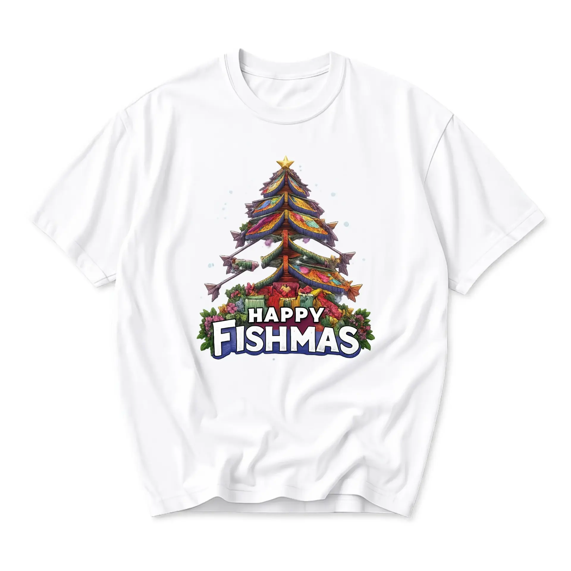 Graphic Tee Happy Fishmas Holiday Tree Illustration Unisex Crew Neck Short