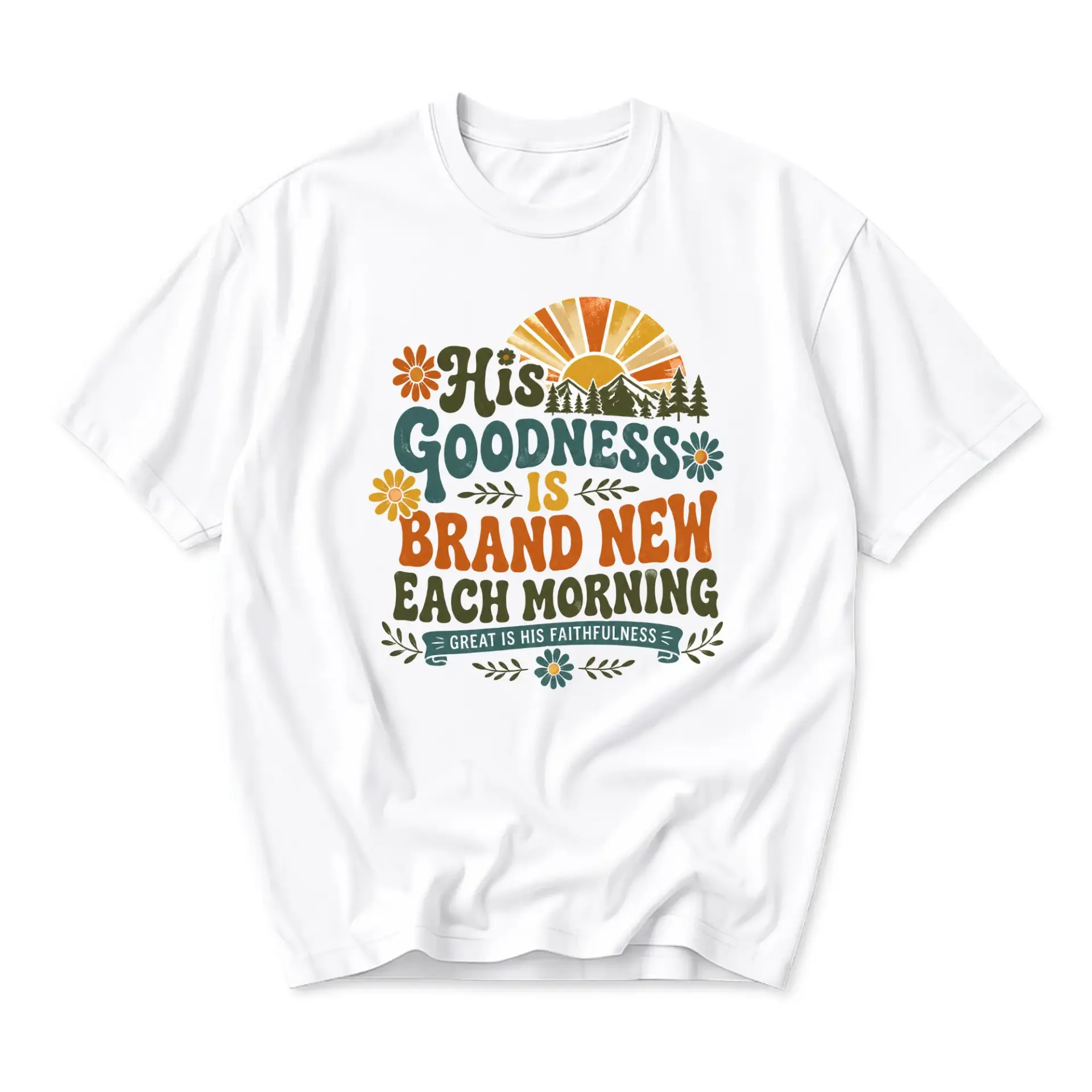 T-shirt His Goodness Is Brand New Each Morning Retro Graphic Tee Casual Inspirational Nature Inspired Cotton Top